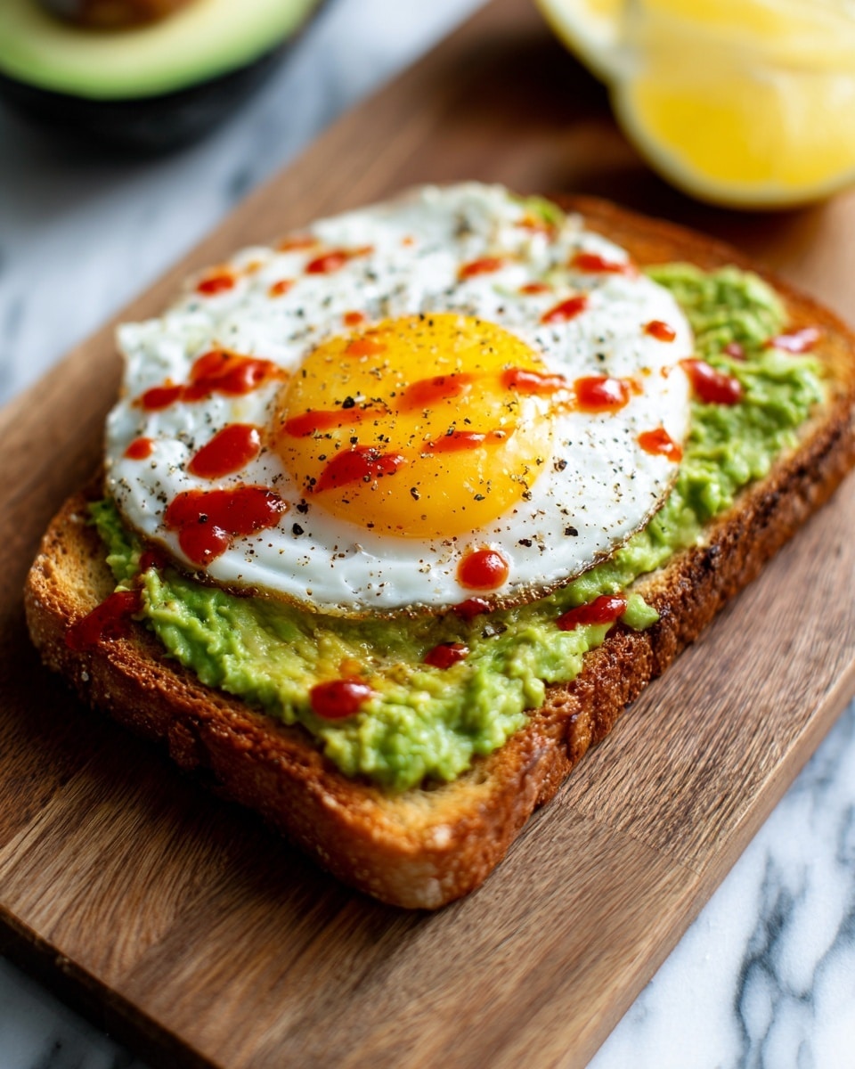 A slice of toasted bread lies on a wooden board. The bread has a thick green layer of mashed avocado spread evenly on top. On the green layer, there is a sunny-side-up fried egg with a bright yellow yolk in the center and white edges that are slightly crispy. The egg is garnished with drops of red hot sauce and some black pepper sprinkled on top. The background surface has a white marbled texture. Nearby, there is half of an avocado and a lemon piece partly visible. Photo taken with an iphone --ar 4:5 --v 7