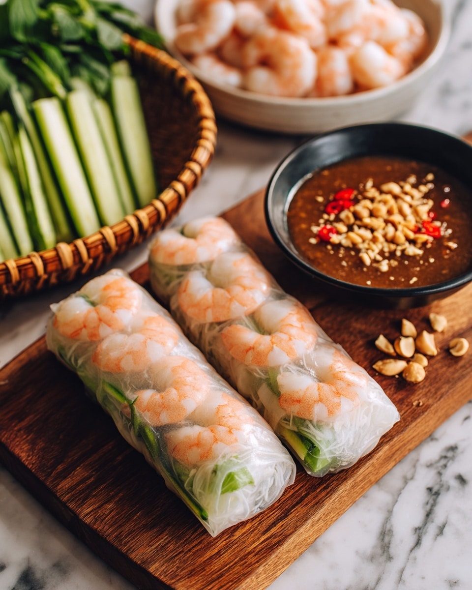 The image shows three fresh spring rolls arranged in a row on a wooden cutting board. Each roll has a shiny, translucent white rice paper wrapper, tightly wrapped around bright pink shrimp that lay on top and are visible through the wrapper. Inside the rolls, there are green stalks of fresh herbs or vegetables peeking out at one end. To the right of the rolls, there is a small black bowl filled with a brown dipping sauce topped with crushed peanuts and small red chili pieces. In the background, there is a white plate with more shrimp and white meat, and a bamboo basket holding long green cucumber slices. The whole scene is set on a white marbled textured surface. Photo taken with an iphone --ar 4:5 --v 7