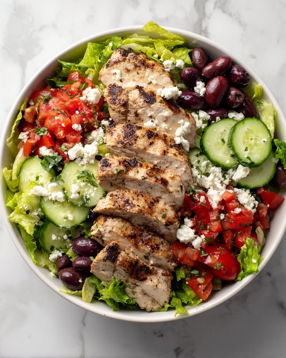 A white bowl filled with a fresh salad sits on a white marbled surface. The bottom layer is a bed of light green leafy lettuce. On top of this, there are chopped red tomatoes mixed with small green herbs and a few capers scattered around. Sliced round cucumber pieces are placed over the tomatoes. Several large pieces of grilled chicken, light brown with grill marks, are arranged across the center. Crumbled white feta cheese dots the salad, adding a crumbly texture. Dark purple olives are scattered unevenly, adding contrast. The salad looks bright and fresh, photo taken with an iphone --ar 4:5 --v 7
