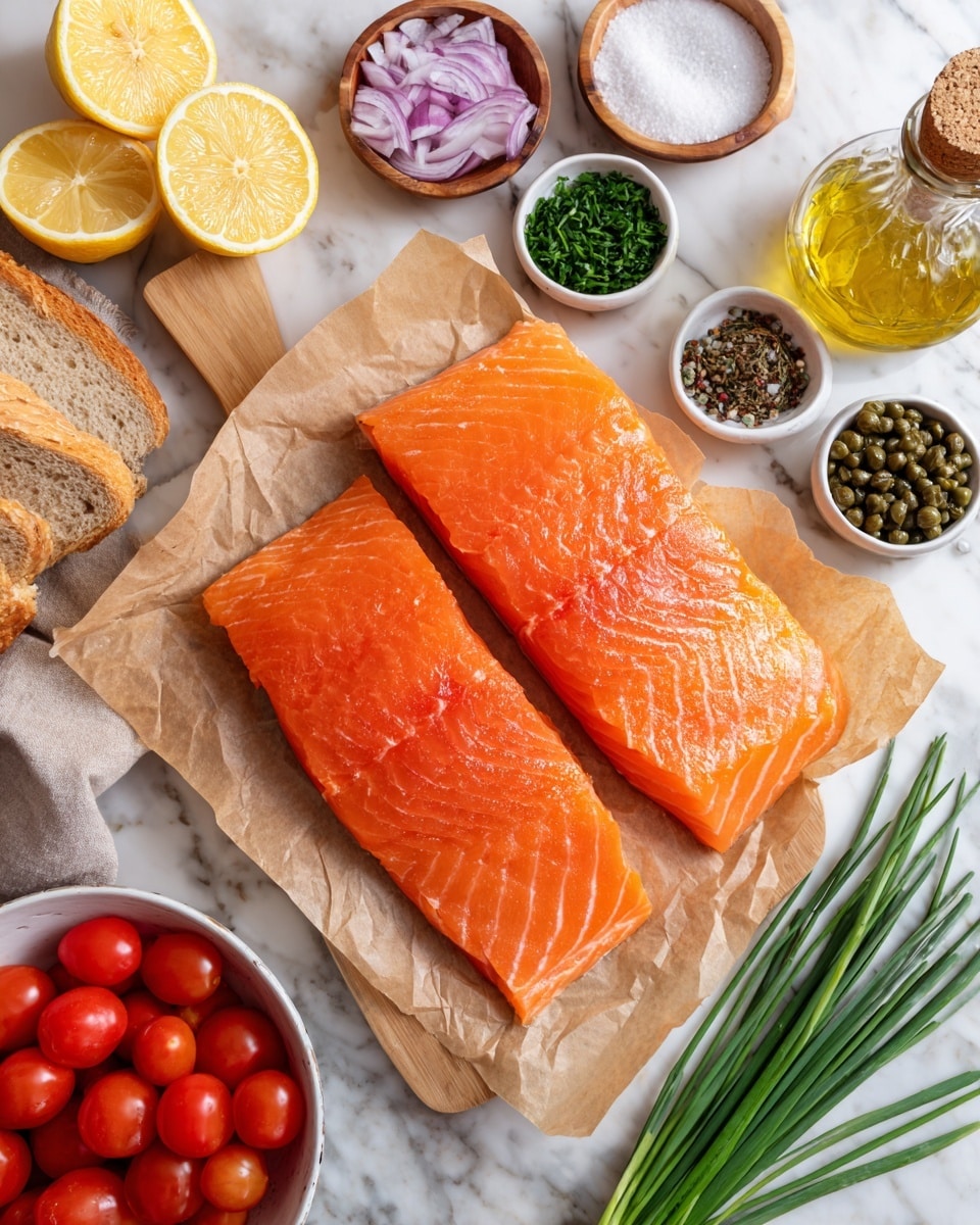 Two large bright orange salmon fillets with smooth, shiny textures lie on a piece of brown parchment paper on top of a light wood cutting board, set against a white marbled surface. Above the salmon, on the left, there are two lemon halves, surrounded by three small round bowls with white interiors and brown rims – one with coarse salt, one with black pepper, and one with green herbs. On the right, there is a clear glass bottle with olive oil and a cork top next to three small clear glass bowls holding green capers, finely chopped red onion, and grainy mustard. Below the salmon, there is a white bowl full of red cherry tomatoes, a white bowl with sliced bread, and fresh green chive stalks resting near the bowls. photo taken with an iphone --ar 4:5 --v 7