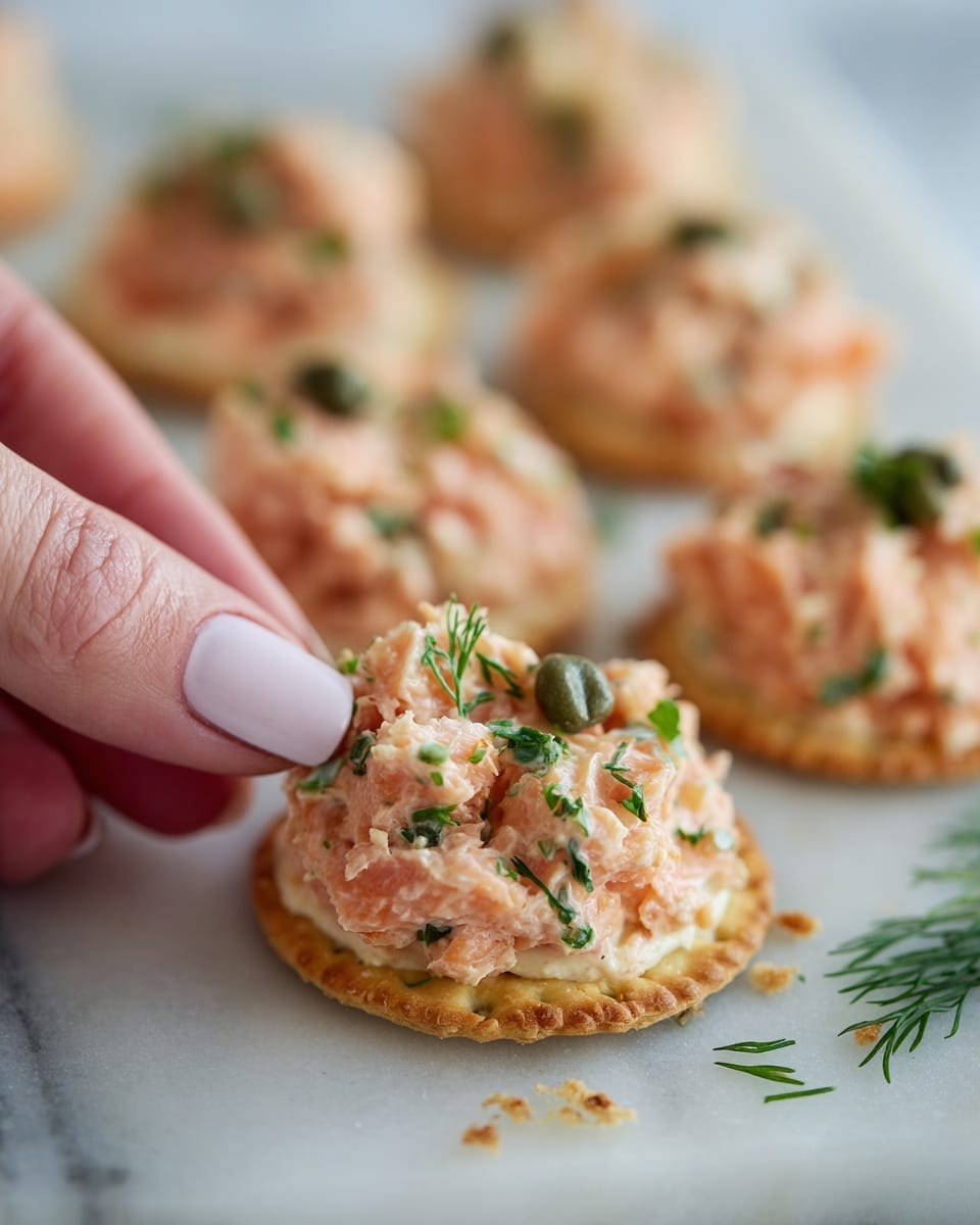 The image shows small round crackers topped with a creamy, pinkish-orange mixture that appears to include finely chopped pieces of salmon, green herbs, and small capers. Each cracker is a single layer and has a slightly rough and crispy texture with a golden-brown color. The topping is chunky and moist, generously covering each cracker. A woman's hand with neatly manicured nails painted light pink is holding one cracker close to the camera. The crackers are placed on a white marbled surface, and there are some crumbs and herbs scattered around, enhancing a casual, fresh feel. Photo taken with an iphone --ar 4:5 --v 7