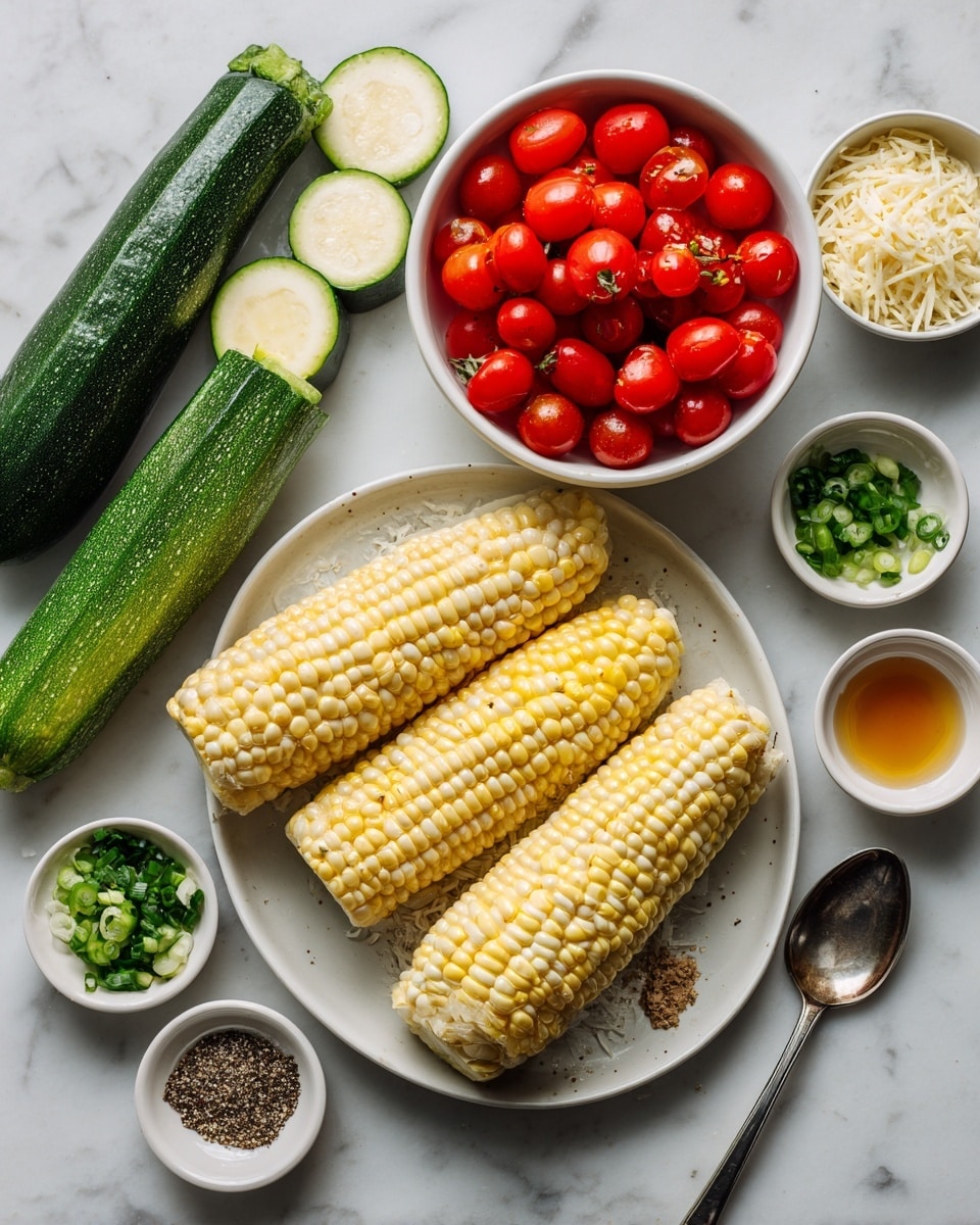 A white plate holds three whole yellow corn cobs placed side by side on the right, with three green zucchinis to the left, two whole and one sliced in half lengthwise showing its light green inside. To the right of this plate, a white bowl is filled with many halved bright red cherry tomatoes. Below it, a smaller white bowl contains grated light beige cheese. Around these larger dishes, smaller white bowls hold different ingredients: one with chopped green onions, one with finely minced garlic, another with chopped fresh herbs, and two others with light brown and golden liquids. A small white bowl holds a mix of black and white pepper, and a metallic spoon contains a coarse brown seasoning. All the dishes rest on a white marbled surface. photo taken with an iphone --ar 4:5 --v 7