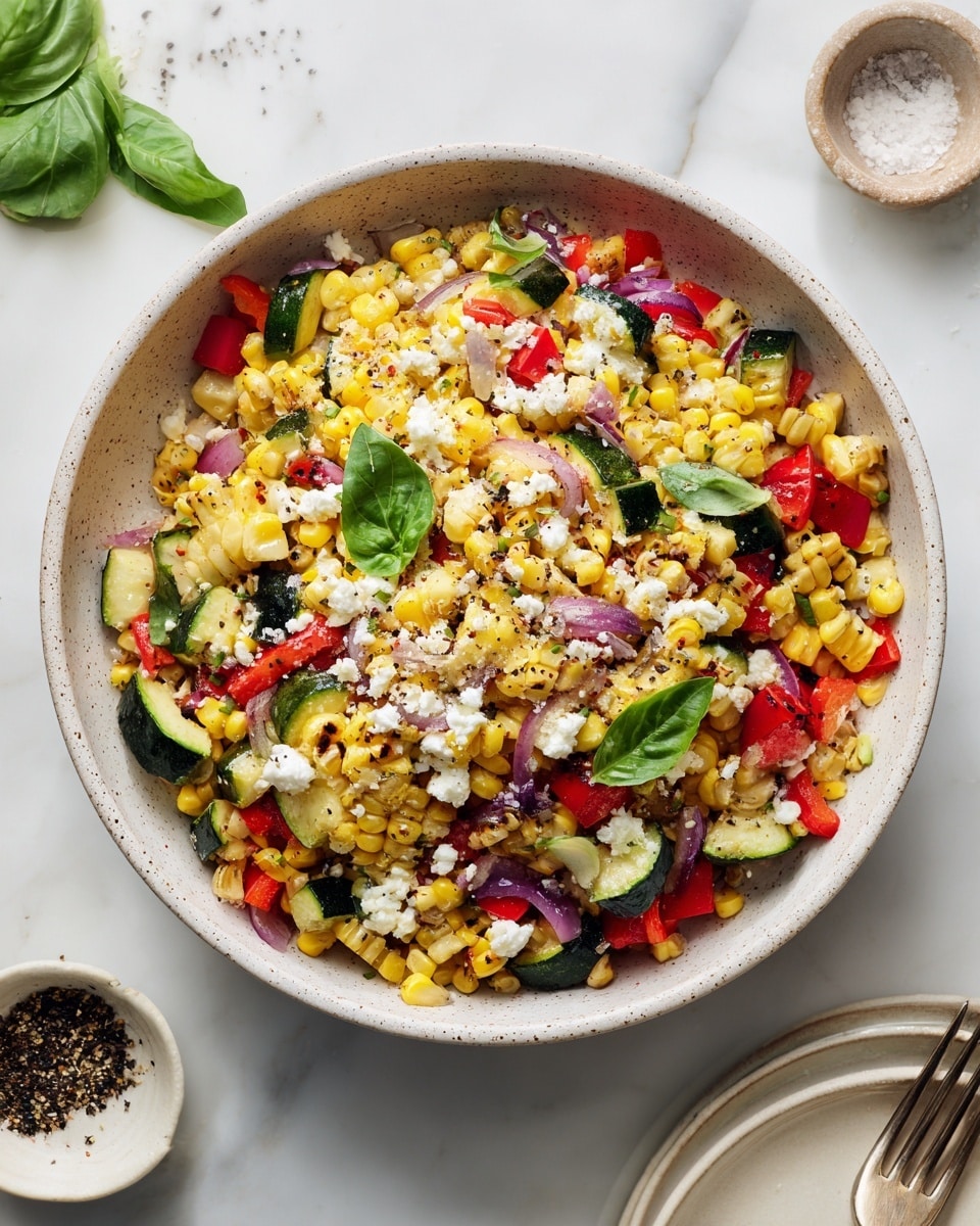 A white bowl filled with a colorful salad placed on a white marbled surface. The salad has layers of yellow grilled corn kernels, bright red chopped bell peppers, small pieces of green zucchini, and bits of purple onion all mixed together. White crumbly cheese is sprinkled on top, along with fresh green basil leaves scattered evenly. The bowl is round with a speckled light pattern on its edge. Nearby are small white dishes, one containing black pepper and the other some salt, and part of a white plate with a fork is visible on the right side. photo taken with an iphone --ar 4:5 --v 7