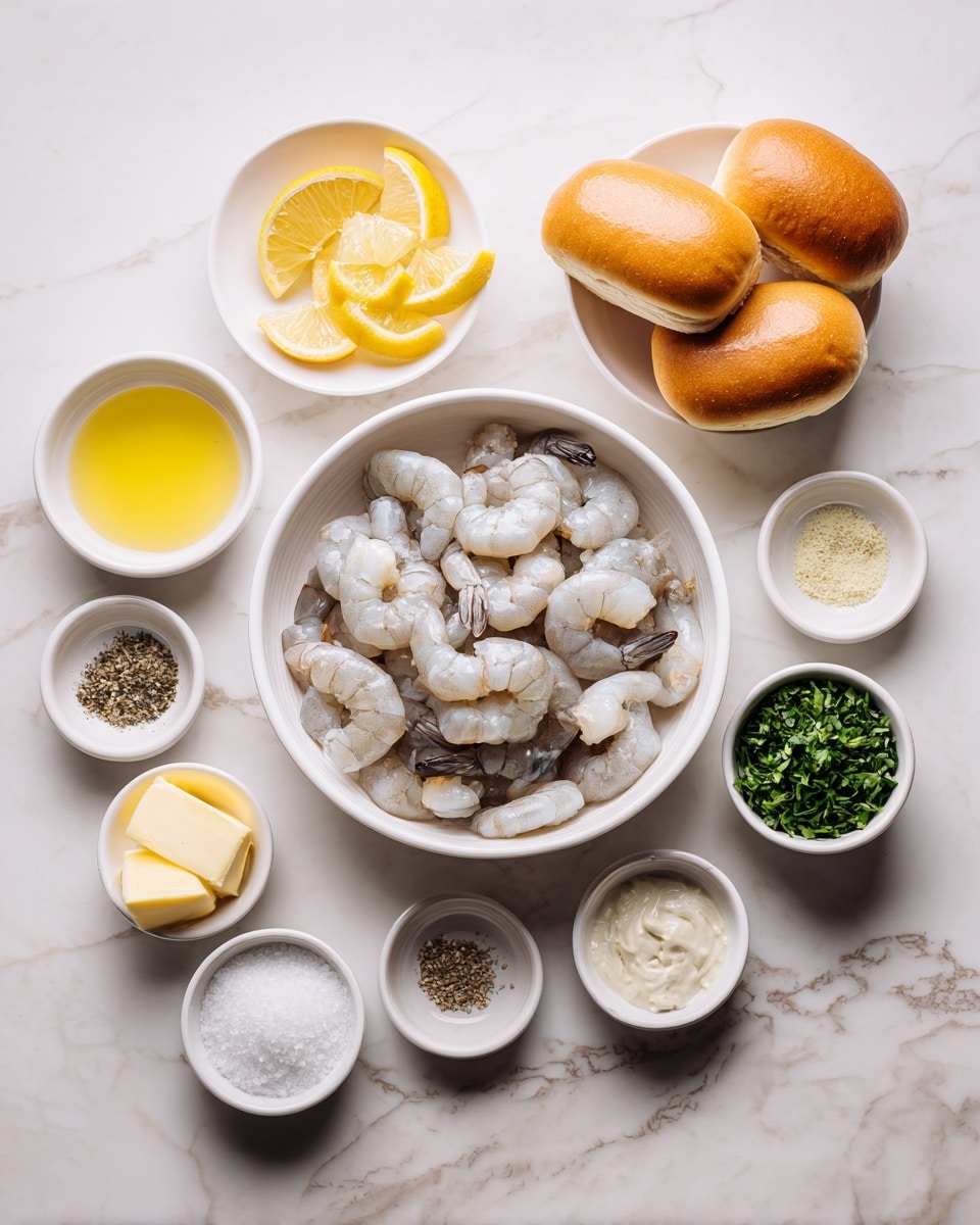 The image shows a white marbled surface with many small white bowls and one larger white bowl arranged around it. The large white bowl in the center holds raw shrimp with a pale grayish color. To the upper right, a white bowl contains three soft, golden brown sandwich rolls. In a small white bowl above the shrimp, there are lemon wedges with a bright yellow color. Various small white bowls surround the shrimp bowl: one has light yellow butter, another has a clear golden liquid, while others contain chopped green herbs, creamy white sauce, salt and pepper mix, and a pale yellow liquid. A woman's hand is not visible here. The whole scene looks clean and organized, showing fresh and raw ingredients for a meal. photo taken with an iphone --ar 4:5 --v 7