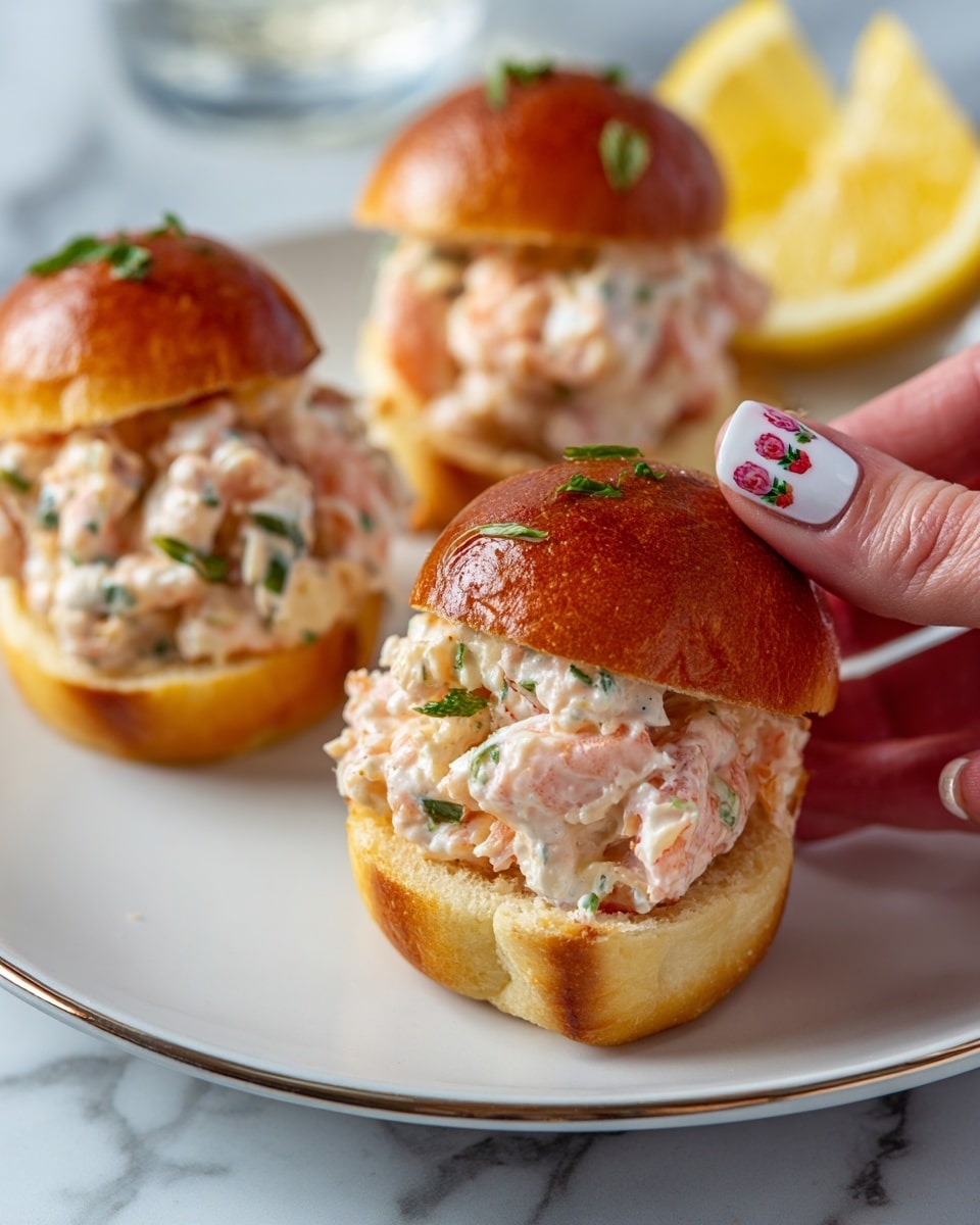 A white plate on a white marbled surface holding three small toasted buns, each topped with a creamy shrimp salad mixed with green herbs. The buns have a shiny golden-brown color and soft texture. On top of each bun, there is a layer of small pink shrimp coated in a creamy sauce with bits of green herbs scattered throughout. In the background, two lemon wedges add a touch of bright yellow color. A woman's hand with strawberry nail art holds the closest bun, showing the dish up close. Photo taken with an iphone --ar 4:5 --v 7