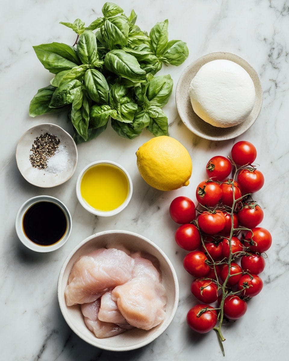 A collection of fresh ingredients arranged on a white marbled texture, including a cluster of vibrant green basil leaves on the top left, a small white dish with coarse salt and pepper next to it, a soft white disk of mozzarella cheese on a white dish near the center, and a bright yellow lemon to the right. Below these, a white dish holds three raw, pale pink chicken pieces. To the left of the chicken, there are two small white dishes, one filled with golden olive oil and the other with dark balsamic vinegar. On the right side, a large bunch of shiny red cherry tomatoes still on the vine is positioned. Photo taken with an iphone --ar 4:5 --v 7