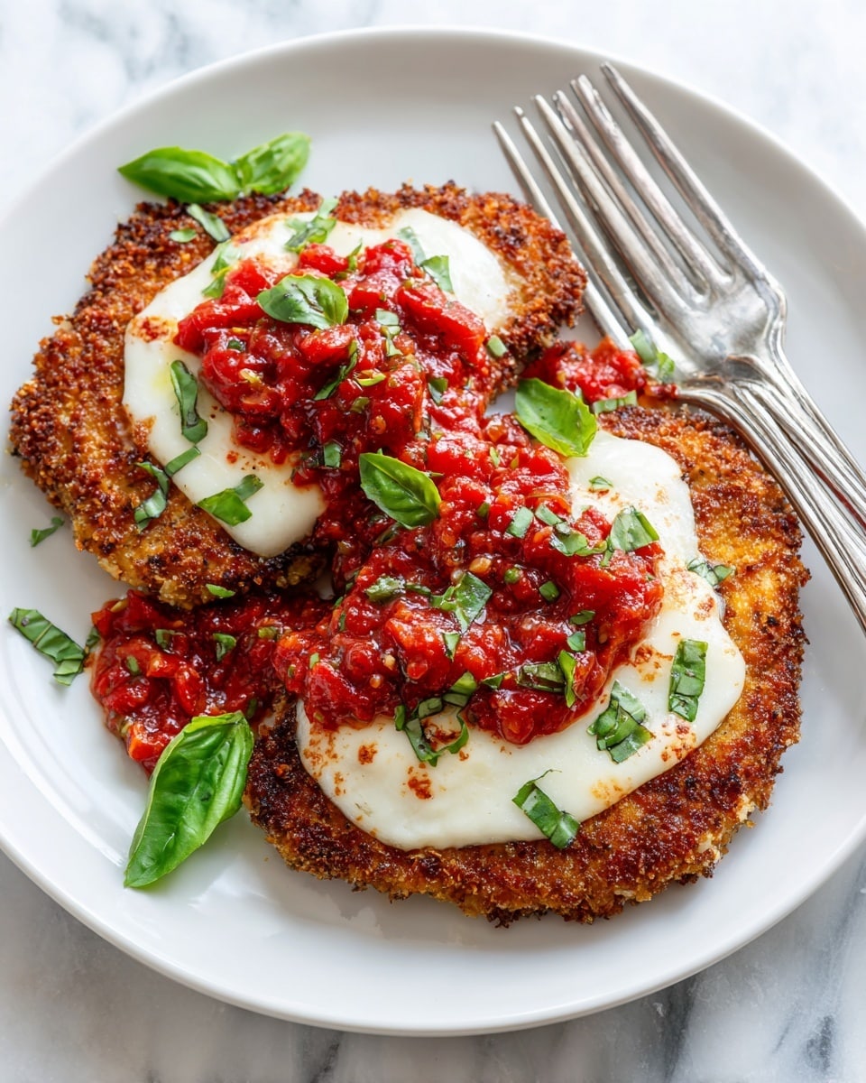 The image shows two breaded and fried cutlets placed side by side on a white plate over a white marbled surface. Each cutlet has a creamy white layer of cheese spread unevenly on top, followed by a chunky red tomato sauce with visible tomato pieces and herbs. Small green basil leaves are scattered on the tomato sauce and on the plate for garnish. The texture of the cutlets is crispy and golden brown with a slightly rough surface. Two silver forks are placed on the bottom right corner of the plate. Photo taken with an iphone --ar 4:5 --v 7