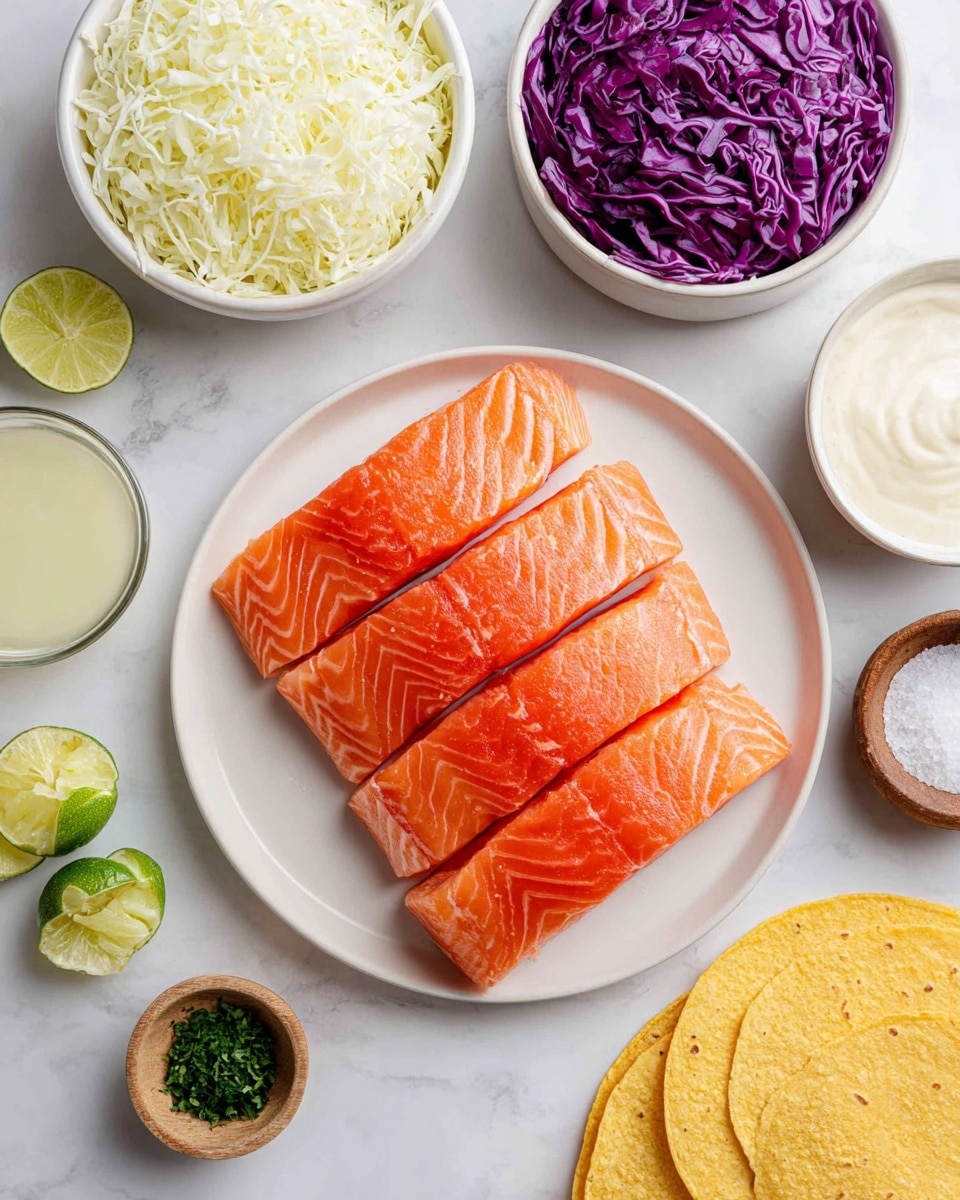 The image shows a white ceramic plate in the center with five raw salmon fillets stacked neatly, their bright orange color and smooth texture standing out vividly. Surrounding the plate are various small white bowls and containers: shredded white and light green cabbage in a bowl at the top left, purple shredded cabbage in a bowl at the bottom left, creamy white sauces in two bowls on the top right and bottom right, fresh lime wedges on the bottom left, a small container of chopped green herbs near the top left, a small cup of clear lime juice near the left, and a small wooden bowl of coarse salt near the top right. Also, several soft yellow corn tortillas are stacked at the bottom center. The whole setup rests on a white marbled surface. The photo taken with an iphone --ar 4:5 --v 7