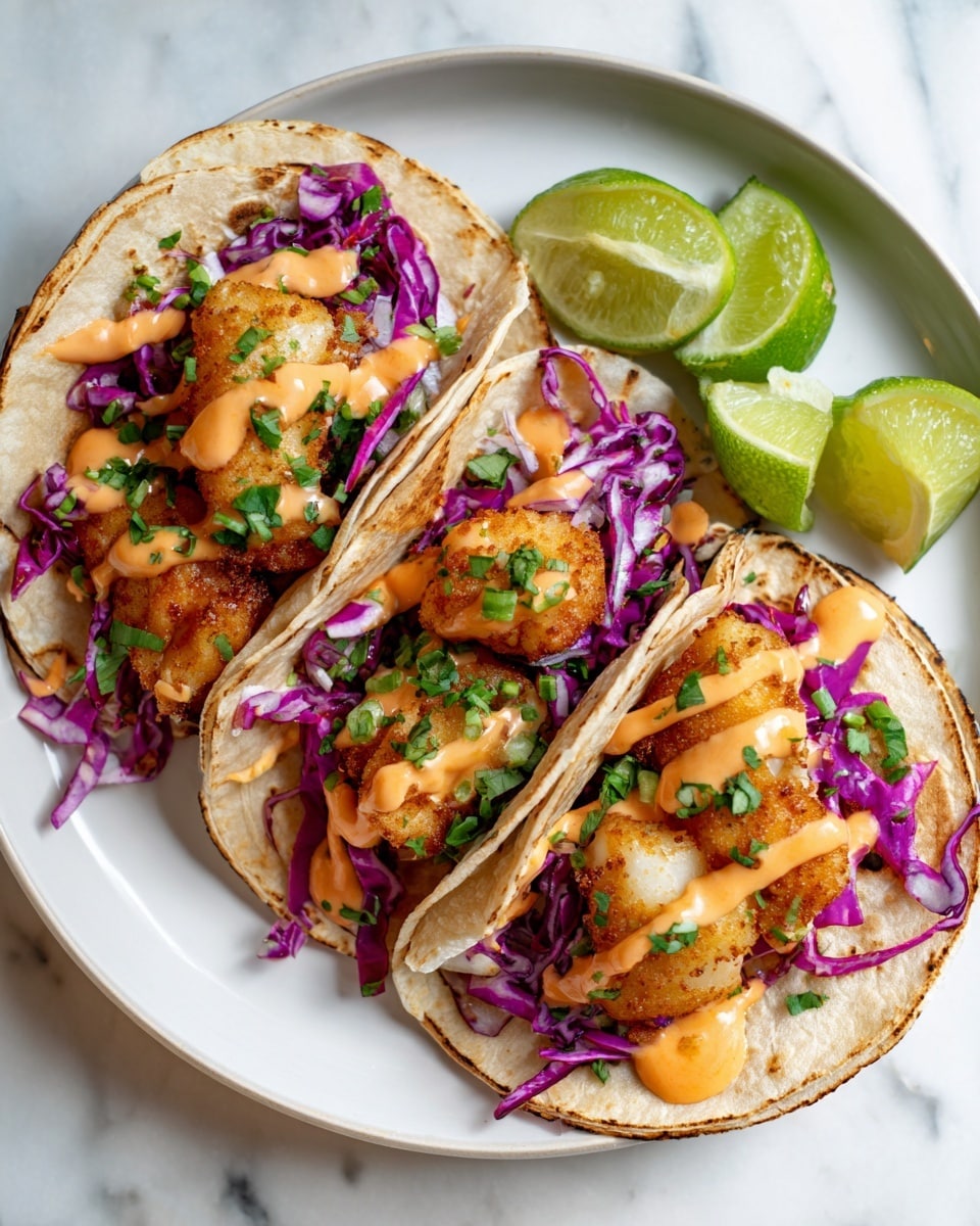 Three fish tacos sit on a white plate with a white marbled surface under it. Each taco has a soft, lightly browned tortilla as the base. Inside, there is a layer of purple and pink shredded cabbage mixed with thin slices of onion. On top of the vegetables are golden brown, crispy fish pieces, each topped with light orange sauce drizzled over and garnished with chopped green herbs. To the side of the plate, three bright green lime wedges add a fresh touch. Photo taken with an iphone --ar 4:5 --v 7