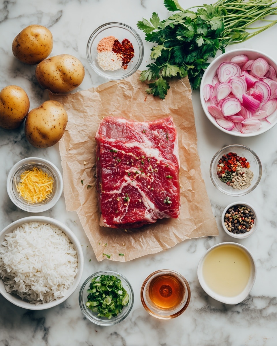 The image shows a raw piece of marbled red meat with white fat veins on a piece of brown paper, placed in the middle on a white marbled surface. Around it are small white bowls and glass containers with ingredients: cooked white rice in one bowl, whole small golden potatoes in another, slices of red onions in another, chopped tomatoes in a glass container, and pickled pink onions in another. There are also fresh green parsley and cilantro leaves on stems next to the meat. Additional small bowls hold minced garlic, a mix of powdered spices (white, black, orange, and green), chili flakes with salt, lemon zest in a small glass dish, a light brown liquid in a small bowl, honey or syrup in another, and two bowls with translucent pale yellow liquids. The setup is clean, bright, and arranged in a circular pattern around the meat on a white marbled background. Photo taken with an iphone --ar 4:5 --v 7
