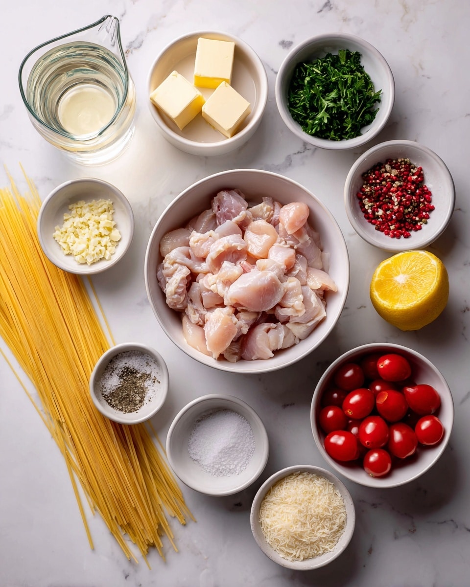 The image shows several small white bowls and one white plate arranged on a white marbled surface. In the center, there is a white bowl full of small pieces of raw chicken. Below it, slightly to the right, is a white bowl with halved cherry tomatoes, bright red and fresh. To the left of the tomatoes is a white bowl with two blocks of pale yellow butter. Above the tomatoes, a small white bowl holds chopped parsley, dark green and finely chopped. Above the chicken is a small bowl with minced garlic, light yellow in color, and next to it a bowl with coarse salt. To the right of the salt, there is a lemon half showing its bright yellow flesh and next to it a bowl with lemon zest, vibrant yellow. Near the bottom left corner is a clear small pitcher with white wine. Below the tomatoes, a small bowl contains grated Parmesan cheese, pale off-white. A small bowl with red pepper flakes is partially visible next to the cheese. To the left, uncooked spaghetti rests on the white marbled surface, long and golden-yellow. A woman's hand is not visible in this image. Photo taken with an iphone --ar 4:5 --v 7
