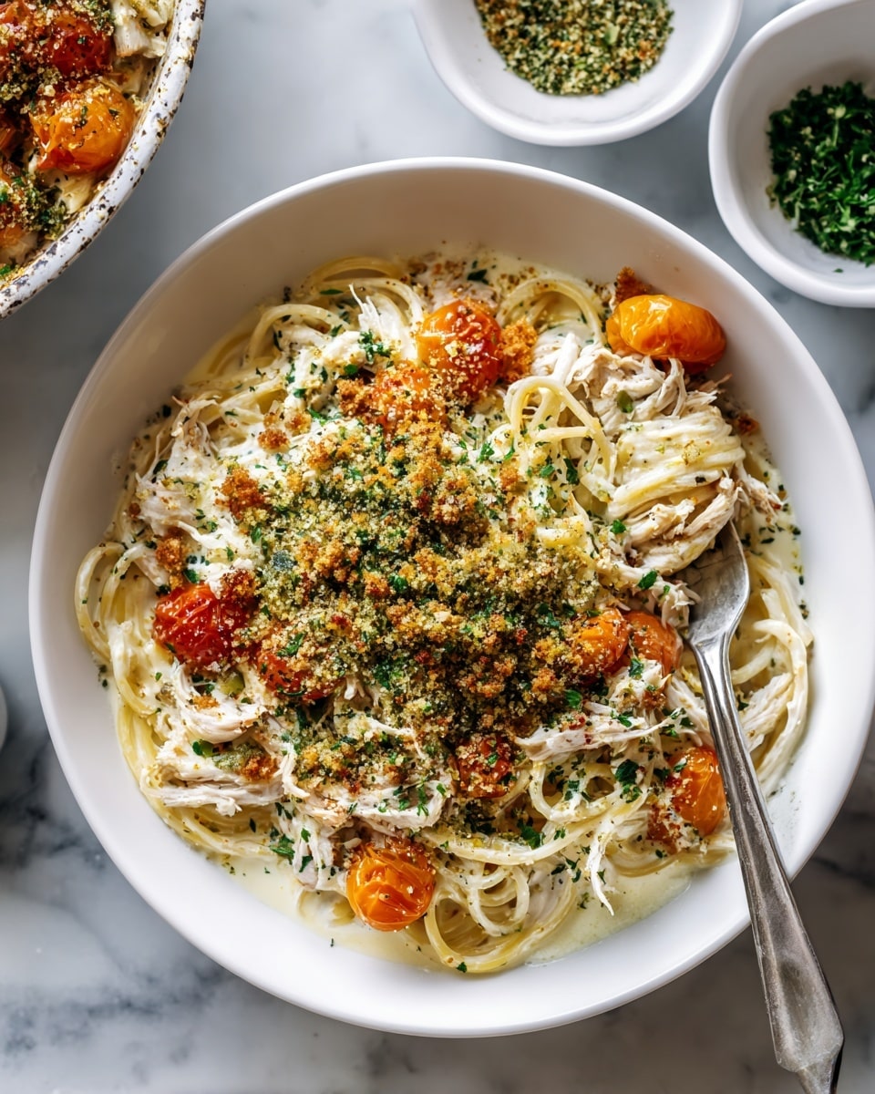 A white shallow bowl filled with a layered pasta dish. At the base, there is a layer of thick spaghetti noodles tangled together in creamy white sauce with hints of light brown from roasted ingredients. Scattered throughout are orange roasted cherry tomatoes and small pieces of white shredded chicken. On top, a green crumbly texture from herb breadcrumbs or pesto adds contrast, sprinkled with finely chopped green herbs. A metal fork rests on the left side, partially inside the pasta. Around the bowl, smaller white bowls hold some green herb or breadcrumb mixture. The dish sits on a white marbled surface. photo taken with an iphone --ar 4:5 --v 7