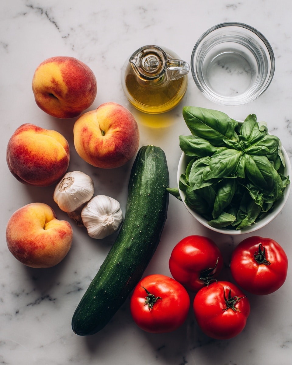 The image shows fresh ingredients placed on a white marbled surface: four ripe peaches with yellow and deep red skin on the left, next to a small glass bottle of olive oil and a clear glass bowl of water below it; two garlic cloves are near the center along with a long dark green cucumber pointing diagonally; on the right side, there are five bright red tomatoes, some round and some with a ribbed texture; a small white bowl filled with fresh green basil leaves is placed near the tomatoes. Photo taken with an iphone --ar 4:5 --v 7