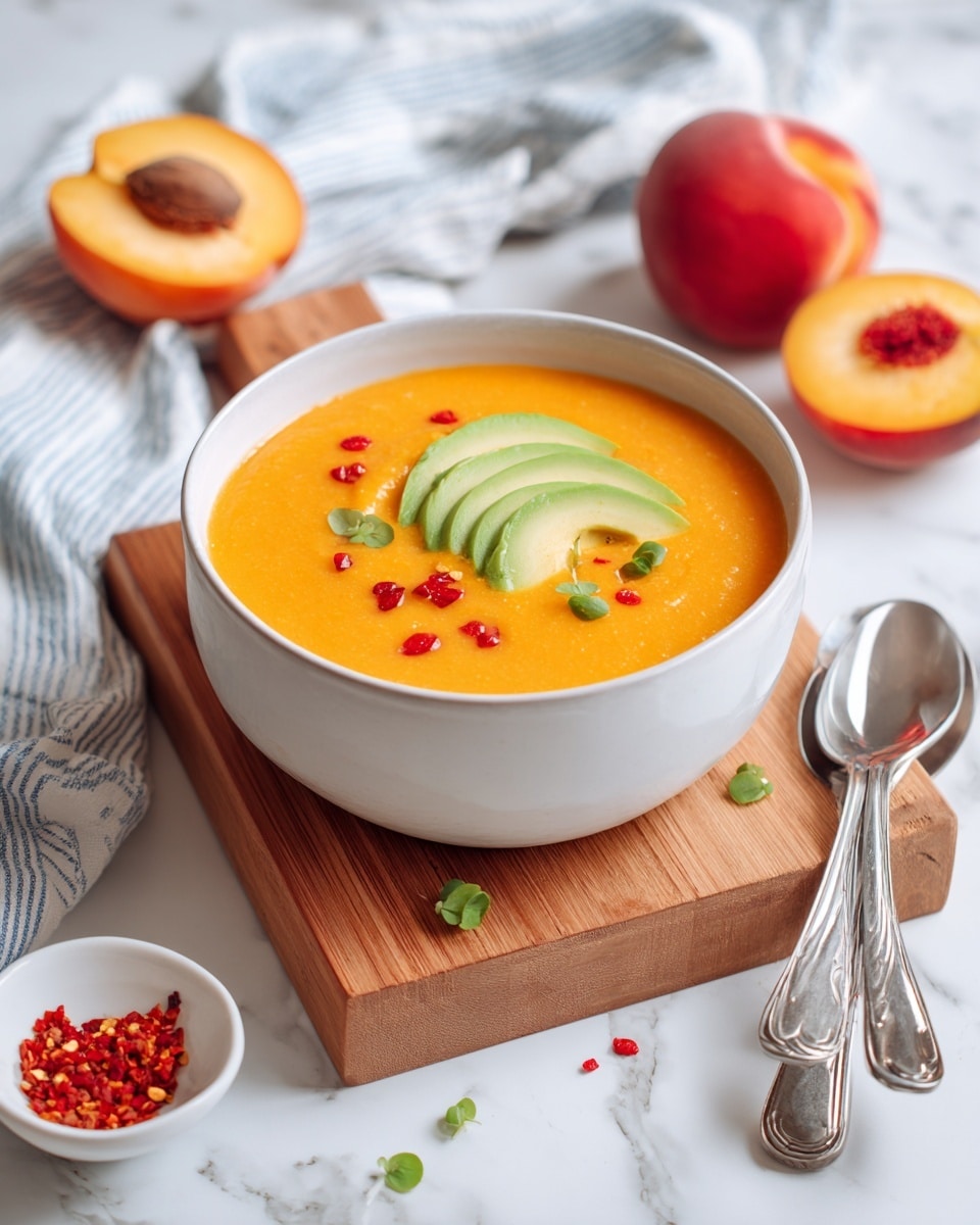 A white bowl filled with smooth orange soup is placed on a wooden board. On top of the soup, there are three slices of green avocado and one slice of peach, sprinkled with small red flakes and a few small green leaves. Around the bowl, there is a halved peach showing its pit, another peach half, and a whole red tomato. Nearby, two shiny silver spoons rest on a white marbled surface, next to a small white bowl containing red chili flakes. Behind the board, a white cloth with blue stripes is partly visible, all set on a white marbled background. photo taken with an iphone --ar 4:5 --v 7