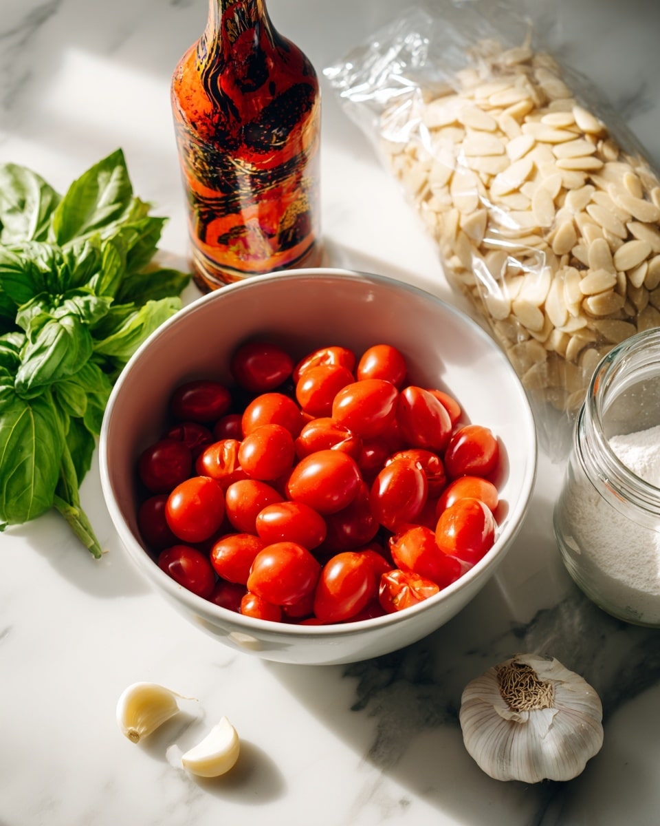 A white bowl in the center filled with bright red grape tomatoes sits on a white marbled texture surface. To the left of the bowl, there is a bunch of fresh green basil leaves with smooth, slightly shiny textures. Near the basil, a colorful oil bottle with red, orange, and black painted patterns is visible. To the right of the tomatoes, a clear plastic bag filled with pale beige slivered almonds leans on the surface. Next to the almonds, a transparent glass holds a white powder, likely cheese. Scattered on the white marbled texture surface in front of the bowl are three peeled garlic cloves, their smooth surface glowing softly under light. photo taken with an iphone --ar 4:5 --v 7