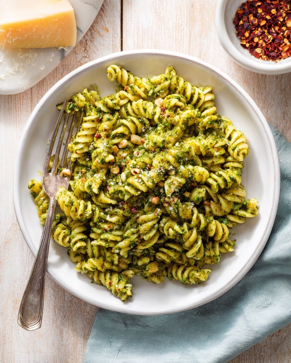 A white plate filled with twisted pasta covered in a thick green pesto sauce with visible small bits of nuts and herbs, creating a textured coating on each pasta piece. A silver fork is placed on the left side of the plate, resting partly on a light blue cloth napkin. In the top right corner, part of a round white bowl filled with red chili flakes can be seen, while a wedge of light yellow cheese sits in the top left corner on a white marbled surface. The background is a worn, pale wooden table with light warm tones, lending a rustic feel to the image. Photo taken with an iphone --ar 4:5 --v 7