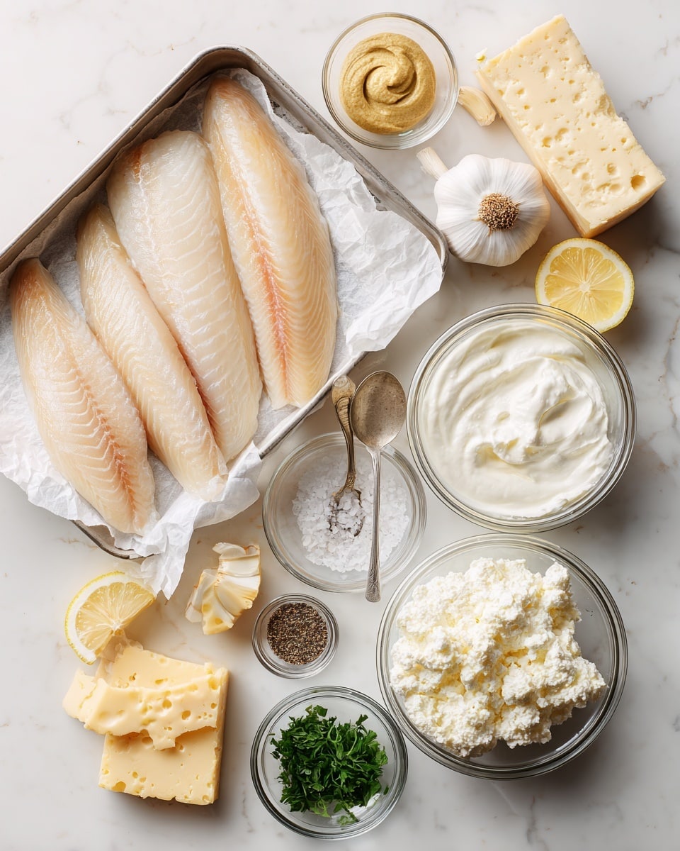 An open tin of light brown fish fillets sits next to a whole white garlic bulb and a peeled garlic clove on a white marbled surface. Nearby, there is a small clear glass bowl with light brown mustard, and a white paper holding a chunk of pale yellow hard cheese with broken pieces around it. In the middle, two clear glass bowls hold smooth white yogurt with a spoon and bumpy white cottage cheese with a spoon. Small clear bowls of white salt, black pepper, chopped green herbs, and lemon slices are also arranged on the surface, all evenly spaced in a clean and bright layout. photo taken with an iphone --ar 4:5 --v 7
