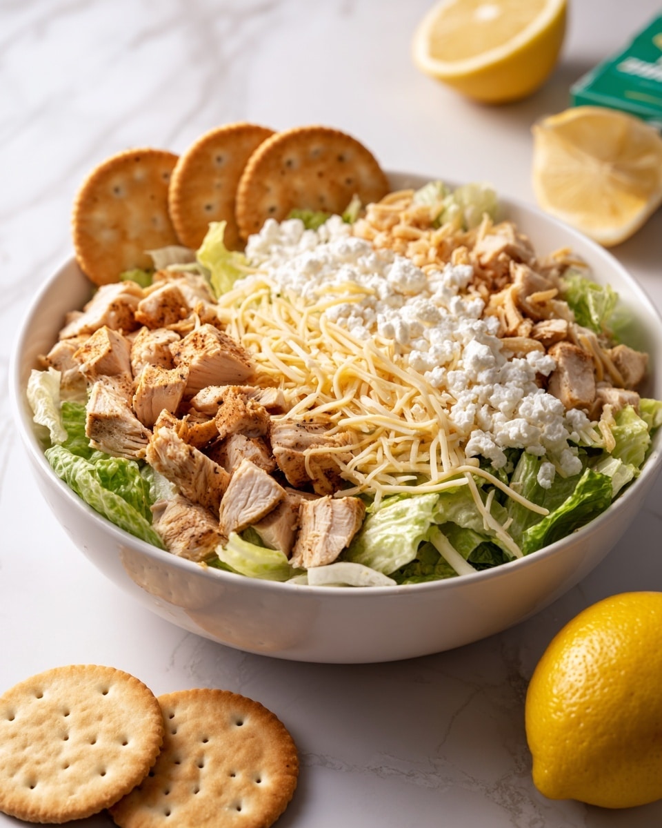 A close-up of a salad in a white bowl on a white marbled surface. The salad has four main layers: the bottom layer is green chopped lettuce, the middle layer has light brown cooked chicken pieces evenly spread, the third layer has white crumbled cheese and thin strips of light beige shredded cheese scattered on top, and there are three round, light beige crackers placed upright on the left side of the bowl. Behind the bowl, there is a green box of crackers partially visible. In front, a halved yellow lemon and a single round cracker sit on the white marbled surface. Photo taken with an iphone --ar 4:5 --v 7