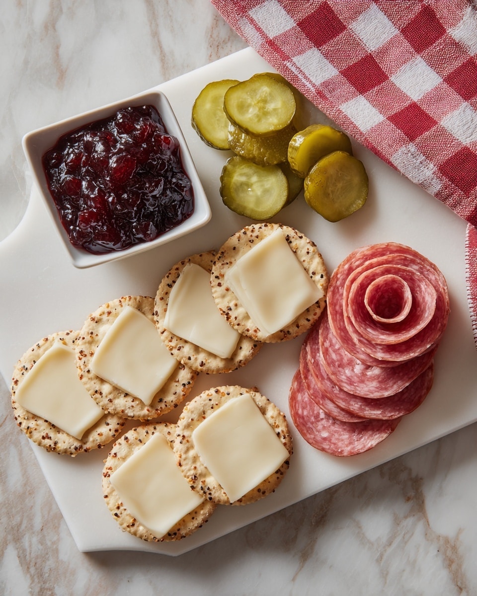 A white board holds an arrangement of round crackers with speckled seeds as the bottom layer, topped by a neat row of six smooth, white cheese slices. To the right, thin pink slices of salami are arranged in a rose shape. Above the crackers, there are sliced green pickles in a small pile. On the left side of the board, a square white bowl contains thick dark red jam with visible fruit pieces. The board sits on a white marbled surface with a red and white checkered cloth draped near the top left corner. photo taken with an iphone --ar 4:5 --v 7