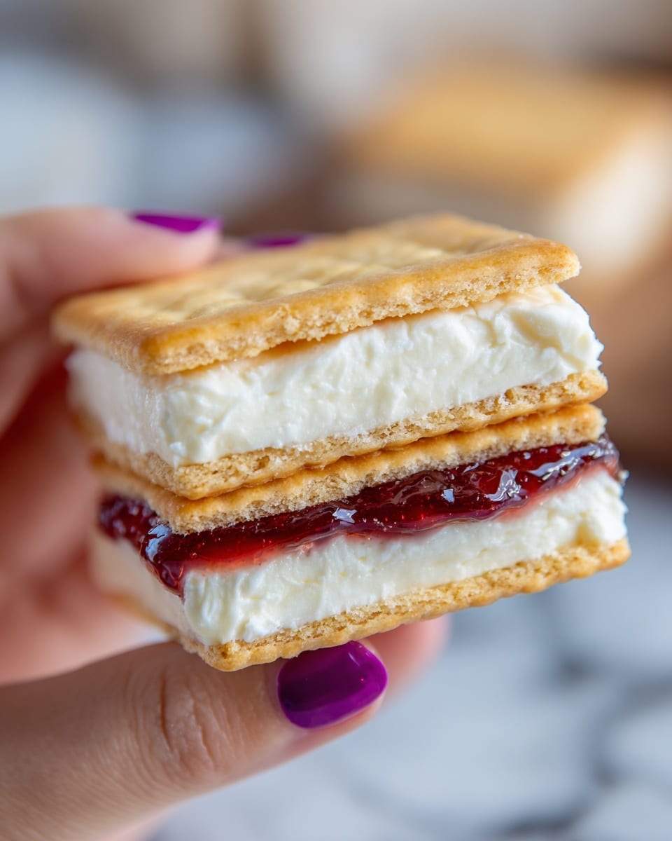 A close-up of a small sandwich held by a woman's hand with purple nail polish shows three layers: the top layer is a light golden cracker with a smooth surface, the middle layer is a thick, soft white cheese with a creamy inside and slightly textured rind, and the bottom layer is a reddish, glossy spread or jelly sitting on another golden cracker. The background is blurred with hints of beige and dark colors and a white marbled surface is faintly visible. Photo taken with an iphone --ar 4:5 --v 7