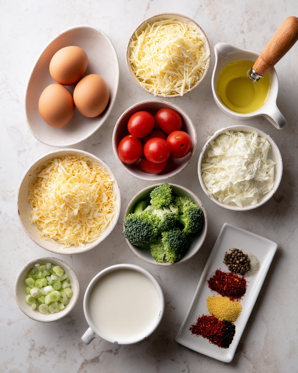 The image shows a clean white marbled background with nine small white bowls and one white oval dish arranged neatly. The oval dish in the top left holds two brown eggs. Clockwise from the top center, there is a bowl with shredded pale yellow cheese, a small jug with light yellow oil and a wooden handle, another bowl filled with grated pale yellow cheese, a small bowl with halved cherry tomatoes showing their bright red inside, a bowl with green broccoli florets, a white cup with creamy white milk, a small rectangular plate with four different dried spices stacked in lines (red, yellow, black, and white), and a bowl with chopped light green and white onions. The colors are natural, and the items are neatly placed without overlap. The photo taken with an iphone --ar 4:5 --v 7