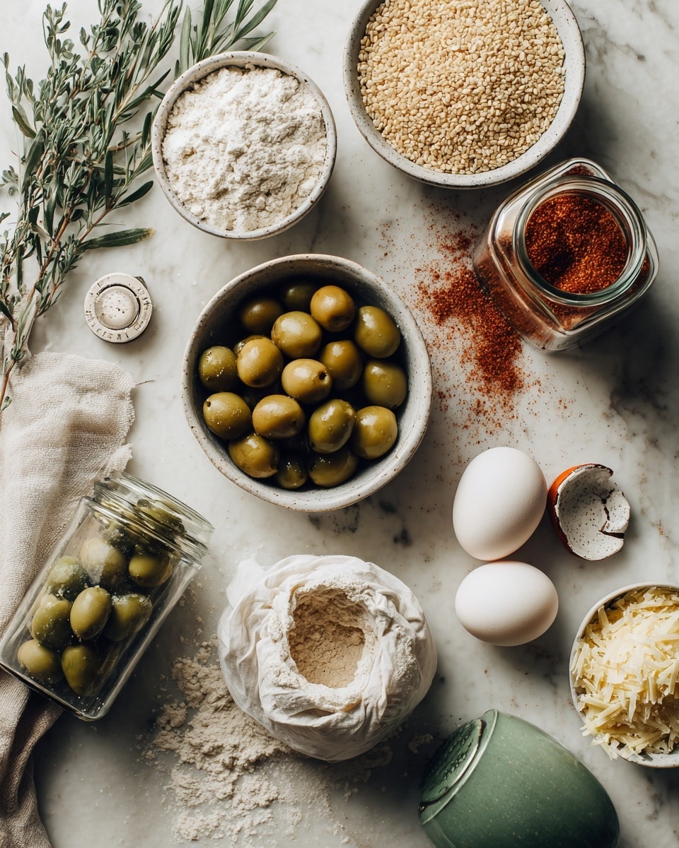 The image shows a flat lay of cooking ingredients on a white marbled textured surface. There is a small white bowl filled with flour near the top left, next to a sprig of fresh green herbs. Below it is another white bowl filled with light beige sesame seeds. At the center is a white bowl filled with green olives. To the right, a small glass jar is tipped over spilling reddish-brown powdered spice next to a bottle lid. Below that, a light brown powder is spilled from a small white cloth bag, lying near two white eggs. Near the bottom right is a small white bowl with grated cheese. To the lower left, there is a jar filled with green olives and a green spray can lying horizontally. The colors are natural and soft, and the arrangement is casual but neat. Photo taken with an iphone --ar 4:5 --v 7
