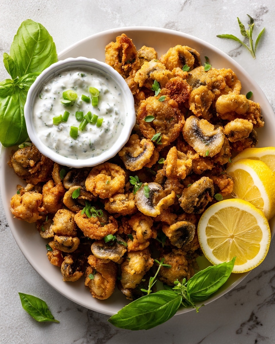 The image shows a pile of golden-brown, crispy fried mushrooms scattered closely together on a white marbled surface. Among the mushrooms, there are small sprigs of green herbs adding a fresh touch. To the side, there is a small white ramekin filled with creamy white dipping sauce topped with finely chopped green onions. Next to the mushrooms are bright yellow lemon wedges and large green basil leaves that bring vibrant color contrast to the scene. The textures highlight the crunchy breading on the mushrooms, smooth creaminess of the sauce, and fresh crispness of the herbs and lemon. The photo taken with an iphone --ar 4:5 --v 7