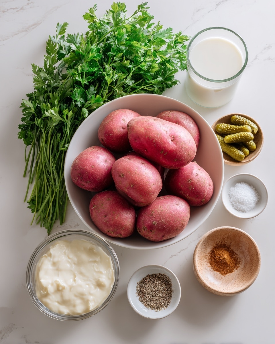 The image shows a white bowl filled with several red potatoes with a smooth texture, placed on a white marbled surface. Above the bowl, there is a bunch of fresh green parsley with leafy stems. To the right of the parsley, there is a small white bowl containing several small green pickles. Next to it is a tiny wooden bowl with brown powder, likely a spice. Below the pickles and spice, there is a small white bowl filled with creamy white sour cream. To the right of this bowl is a clear glass of milk. Two small white bowls appear below the milk, one filled with coarse salt and another with black pepper. Finally, there is a white onion positioned at the top left corner of the image. The photo was taken with an iphone --ar 4:5 --v 7