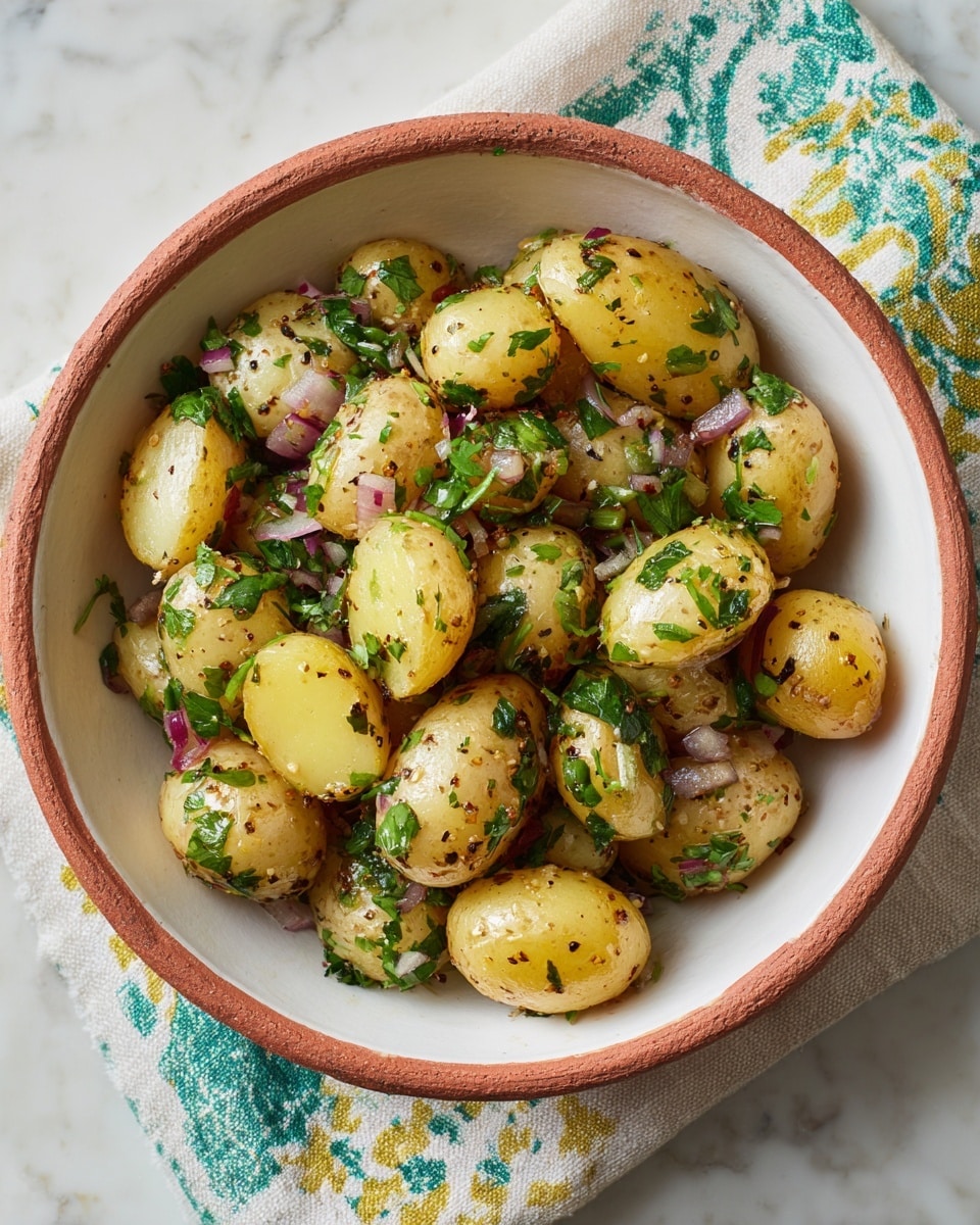 A bowl filled with small potato halves, some yellow and some light brown, tossed with chopped green herbs and small bits of finely chopped red onion. The potatoes have a moist, slightly shiny texture with visible black pepper specks on them. The bowl is white with a rough terracotta inner rim and sits on a pale cloth with green, white, and gray patterns, all on a white marbled surface. photo taken with an iphone --ar 4:5 --v 7
