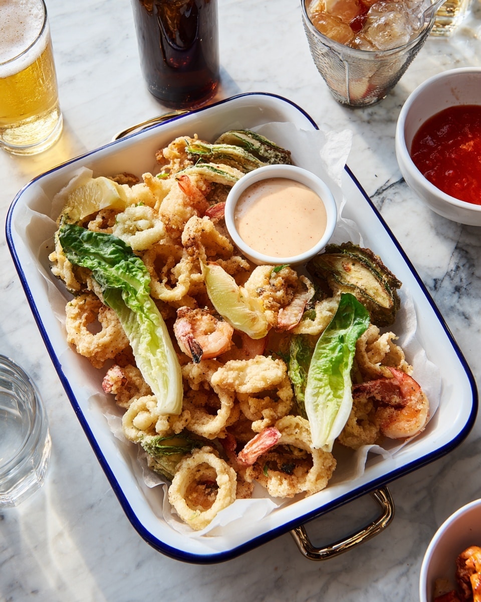 A white rectangular tray with a blue rim is filled with a layer of various fried seafood and vegetables. The food items include light golden curled calamari rings, pale pink shrimp with tails, and some fried green leaves scattered on top. There is a small white round bowl of creamy light beige dipping sauce placed near the tray's handle. The tray is lined with white paper. Around the tray, there are parts of a dark glass bottle, a clear glass of light beer, and a white bowl with red sauce visible on a white marbled surface. photo taken with an iphone --ar 4:5 --v 7