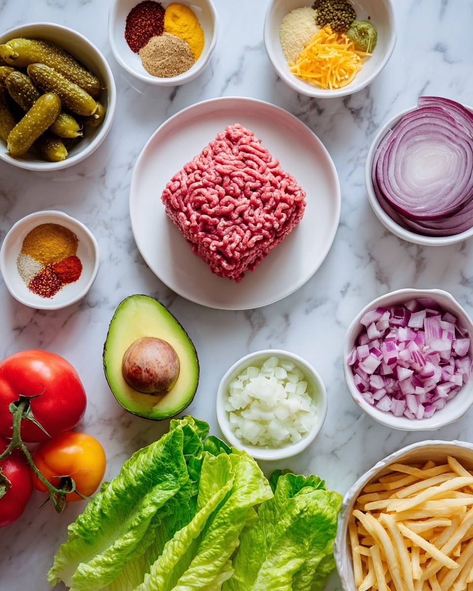 The image shows various ingredients arranged on a white marbled surface. In the center, there is a white plate holding a square block of raw ground meat. Surrounding it are small white bowls filled with pickles, sliced cherry tomatoes, assorted spices in reddish, yellow, and beige colors, chopped onions, and a sauce. There is also a halved avocado showing its green color and seed, a small pile of chopped purple onions, and a separate small bowl of diced white onions. Below the meat, large green leafy lettuce lies flat. To the right, a white bowl is filled with thin, pale yellow French fries. The colors range from green, red, and yellow to pale and earthy tones. Photo taken with an iphone --ar 4:5 --v 7