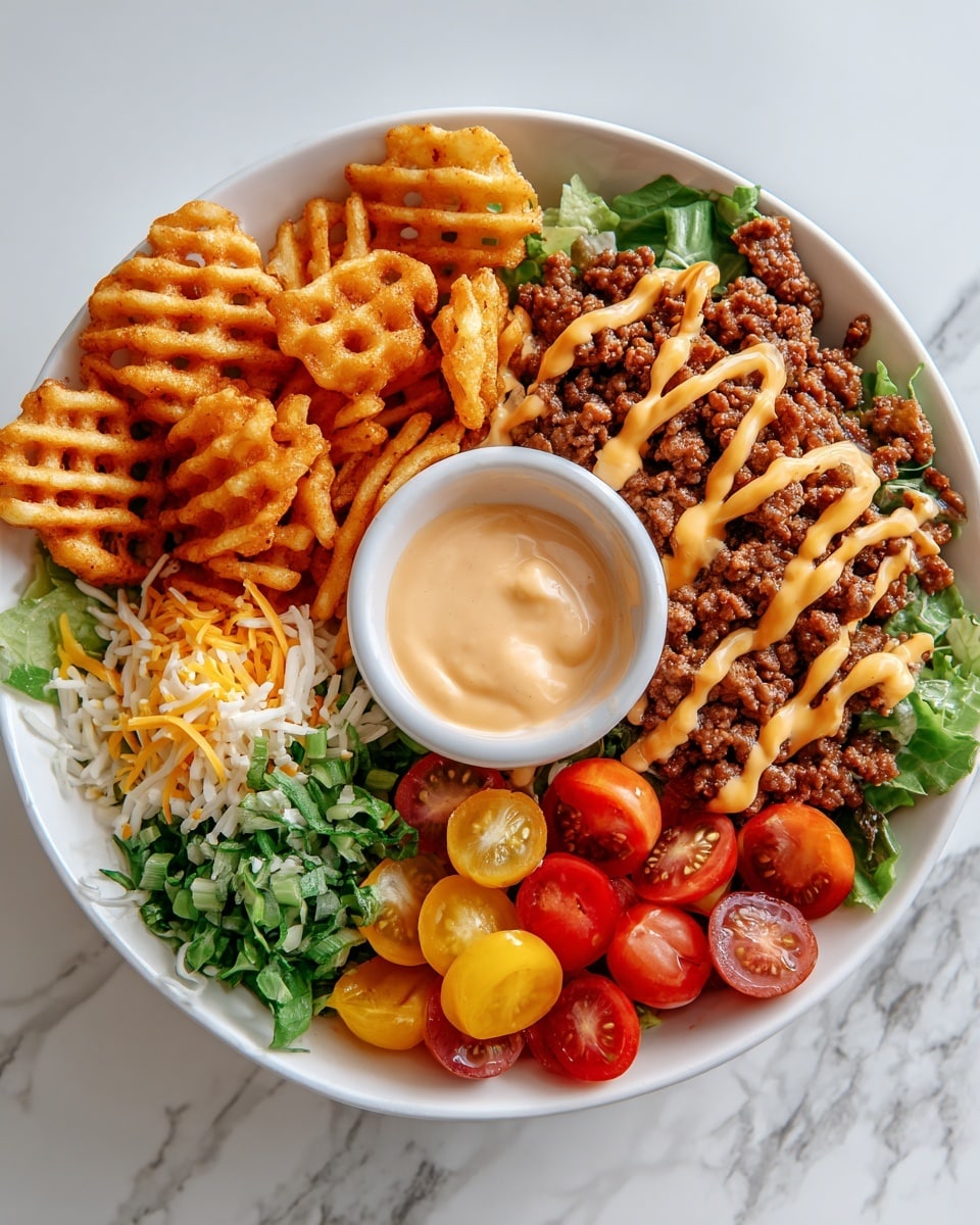 The dish is served in a white bowl on a white marbled surface. It has five main parts arranged in sections. On the top left are golden waffle fries with a crispy texture. Next to the fries, on the right side, is a layer of cooked ground beef topped with light orange sauce drizzled in lines. Below the beef, there is a small pile of shredded cheddar and mozzarella cheese mixed together. To the lower left of the cheese is fresh chopped green lettuce. To the left of the lettuce are halved red and yellow cherry tomatoes. In the center of the bowl is a small white container filled with a creamy light orange dipping sauce. Photo taken with an iphone --ar 4:5 --v 7