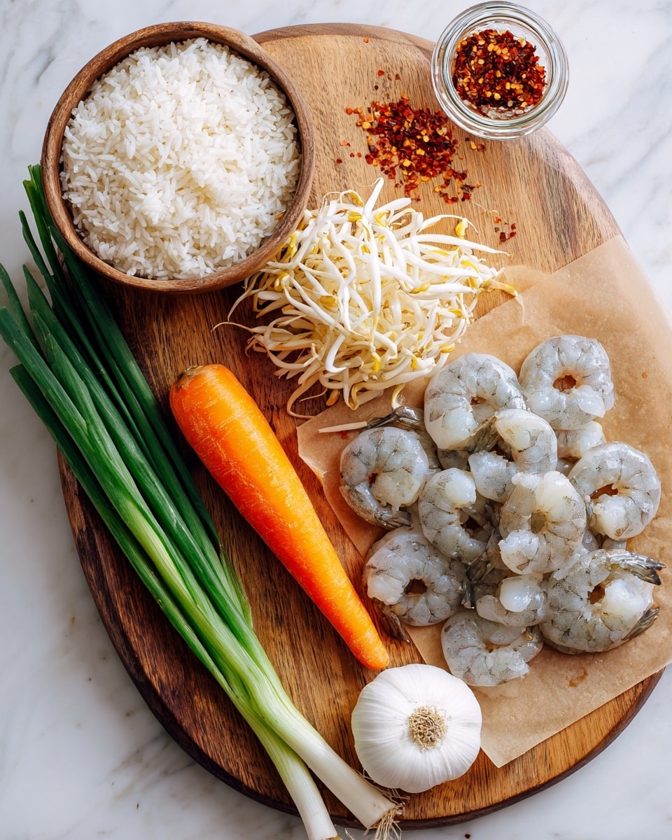A wooden board holds several ingredients: a bowl filled with white cooked rice on the upper left, a pile of pale white and yellow bean sprouts near the top middle, and a piece of brown paper on the right holding many raw shrimp with translucent pale gray bodies and dark tails. Below the rice, there is an orange carrot, a white garlic bulb, and a bunch of green onions with white bulbs and dark green tops arranged diagonally from left to center. There is a small tilted spice jar with red flakes spilling out in the upper right corner. The background is a white marbled texture. photo taken with an iphone --ar 4:5 --v 7
