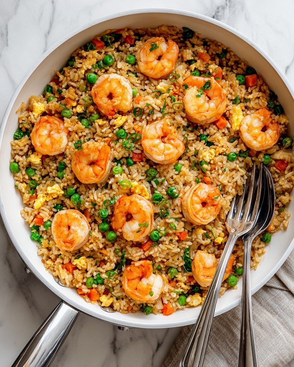 The image shows a white pan filled with fried rice mixed with small pieces of green peas, orange carrot bits, yellow egg crumbs, and small shrimp on top. The shrimp are orange and slightly curled, spread evenly over the brown, slightly oily rice. There is a silver spoon and fork placed together on the right side inside the pan. The pan is set on a white marbled surface. photo taken with an iphone --ar 4:5 --v 7