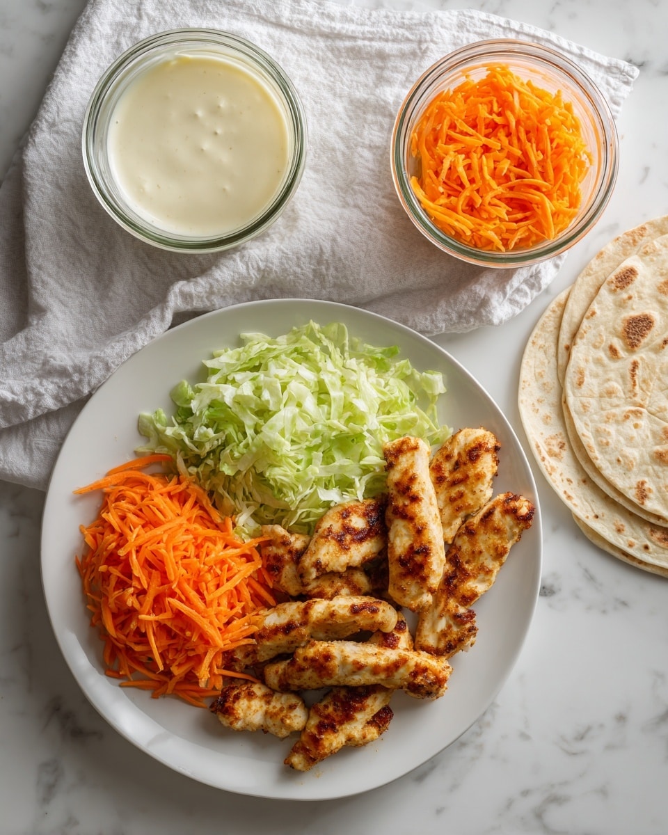 A white plate on the right holds several golden-brown cooked chicken strips with some dark browned spots. Below and slightly to the left is another white plate piled with two layers: the top layer is light green shredded lettuce, and the bottom layer is bright orange shredded carrots. Above the shredded vegetables, two clear glass jars are placed on a white cloth with a soft texture; the jar on the left contains a creamy white sauce, and the jar on the right holds finely shredded orange cheese. On the far right edge, a round light-colored tortilla sits on a white marbled surface. photo taken with an iphone --ar 4:5 --v 7