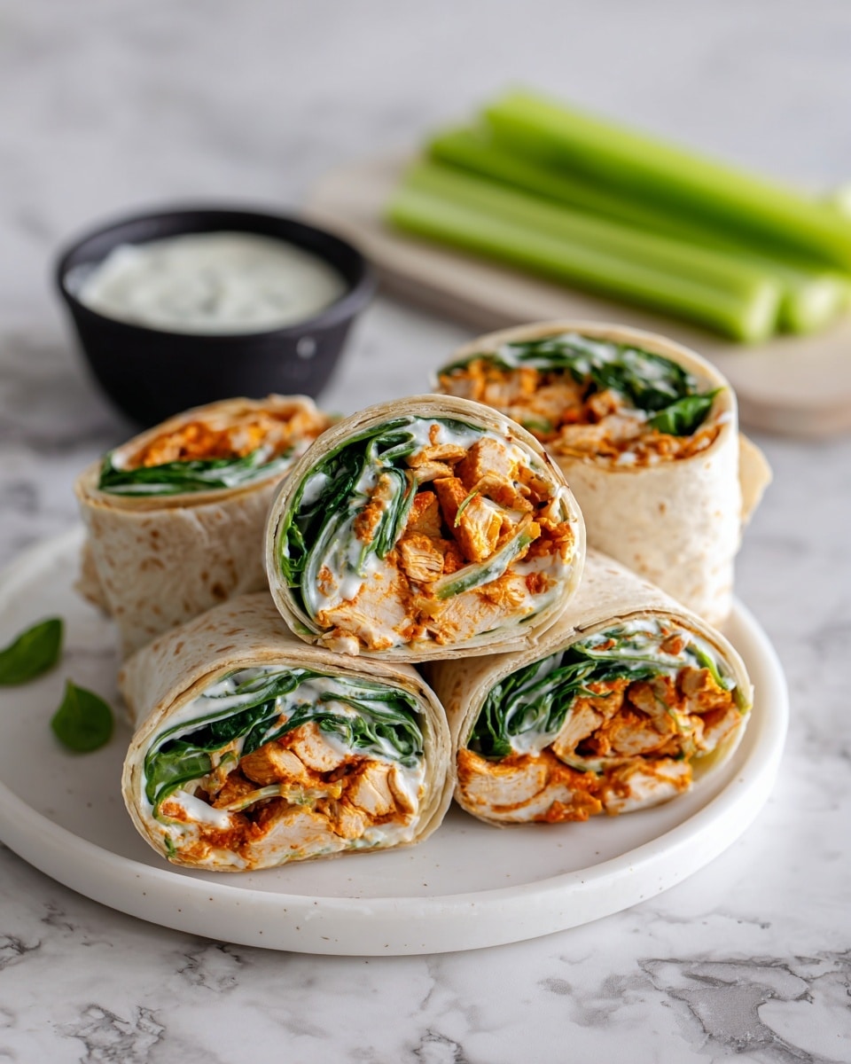 The image shows four rolled wraps placed on a white plate with a white marbled surface underneath. Each wrap is filled with layers of spicy orange chicken pieces, green leafy spinach, and a creamy white sauce, all wrapped in a soft beige tortilla. Three wraps are standing upright showing the colorful filling inside, while one wrap lies flat on the plate. Next to the wraps, there are bright green celery sticks and a small black bowl of white dip in the background. The scene looks bright and fresh with a clear focus on the wraps. Photo taken with an iphone --ar 4:5 --v 7