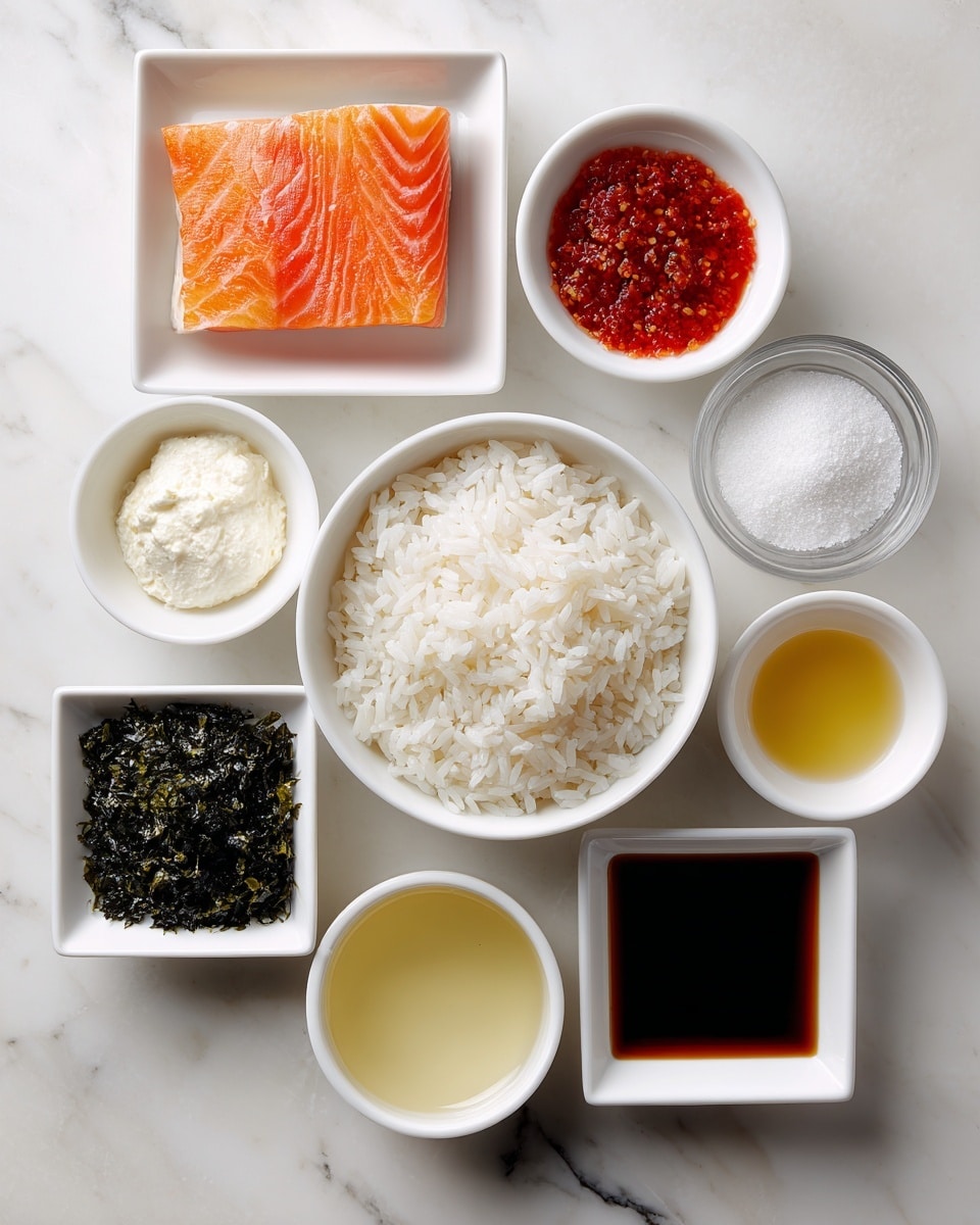 A white bowl in the center filled with uncooked white rice, surrounded by smaller white bowls each holding different ingredients: a piece of raw orange salmon in a plastic tray on the top left, white cream in the bottom left bowl, dark green seaweed seasoning in the bottom center bowl, blank white salt in the top center bowl, clear light yellow liquid in the top right bowl, bright red sauce in the middle right bowl, pale yellow liquid in the bottom right bowl, and dark soy sauce in the bottom right square bowl. All bowls are placed on a white marbled surface. photo taken with an iphone --ar 4:5 --v 7