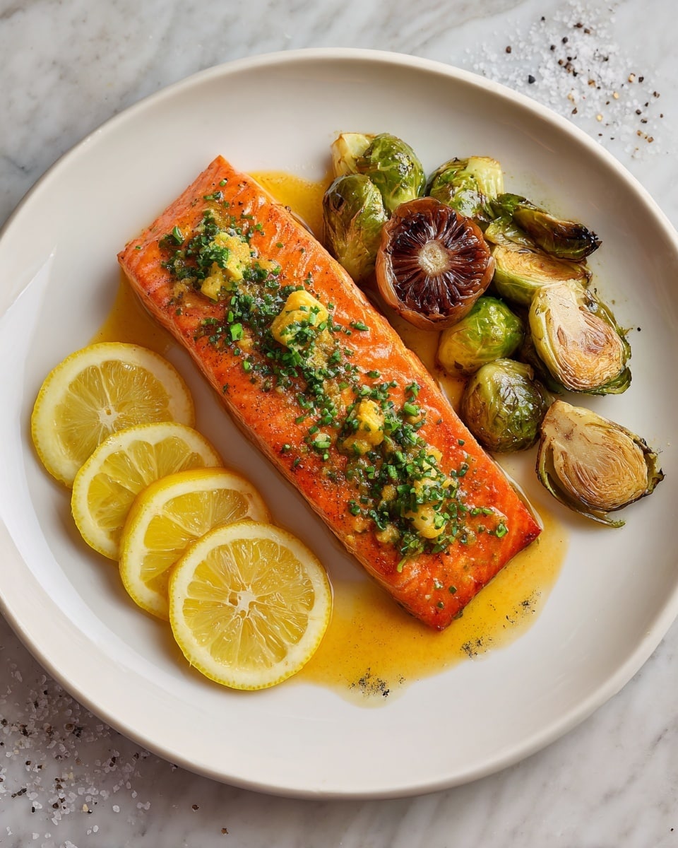 The dish shows a white plate filled with a thick piece of cooked salmon placed in the center, with a bright orange color and a slightly crispy outer texture topped with chopped green herbs. Below the salmon, there are three thin yellow lemon slices arranged in a small row on the left. Around the salmon and lemons, there are golden-brown roasted Brussels sprouts that look slightly charred and caramelized. At the back of the plate, two halves of a brown roasted garlic bulb sit side by side. The plate is set on a white marbled surface with some salt and pepper scattered lightly around. photo taken with an iphone --ar 4:5 --v 7