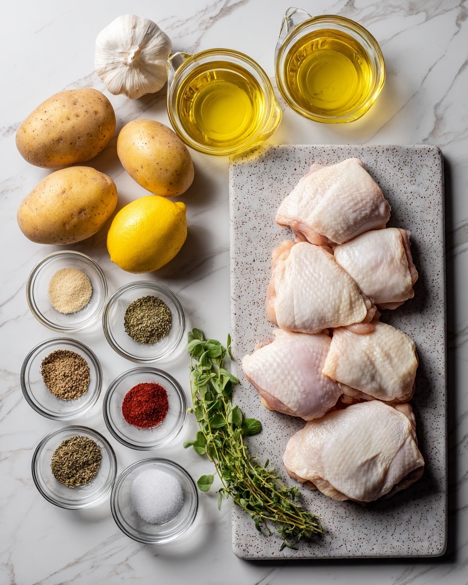 The image shows fresh raw chicken thighs with pale pink skin and white fat arranged in two rows on a gray speckled cutting board on the right side. To the left, three light brown potatoes with rough skin sit on a white marbled surface, next to three bright yellow lemons with a smooth peel. Above the lemons, a whole white garlic bulb is placed. There are two clear glass measuring cups containing golden olive oil at the top and light yellow broth at the bottom. Between these ingredients, six small clear glass bowls hold various spices - coarse white salt, red spice powder, green dried herbs, black pepper, and two other types of dried herbs. A sprig of fresh green herbs lies near the bottom center. The whole setup is neat and well spaced out on a white marbled surface. photo taken with an iphone --ar 4:5 --v 7