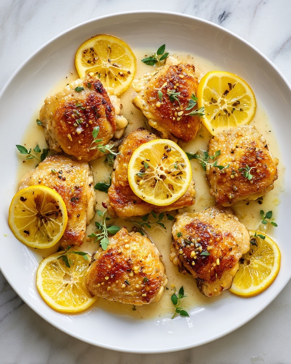 A white plate holds six golden brown cooked pieces of chicken with a slightly crispy texture and uneven edges, each piece surrounded by a light sauce. Interspersed are five bright yellow lemon slices with visible pulp and tiny seeds, some resting on the chicken. Scattered over the chicken and lemon slices are small green herb leaves, adding fresh color contrast. The plate is placed on a white marbled surface, and the photo taken with an iphone --ar 4:5 --v 7
