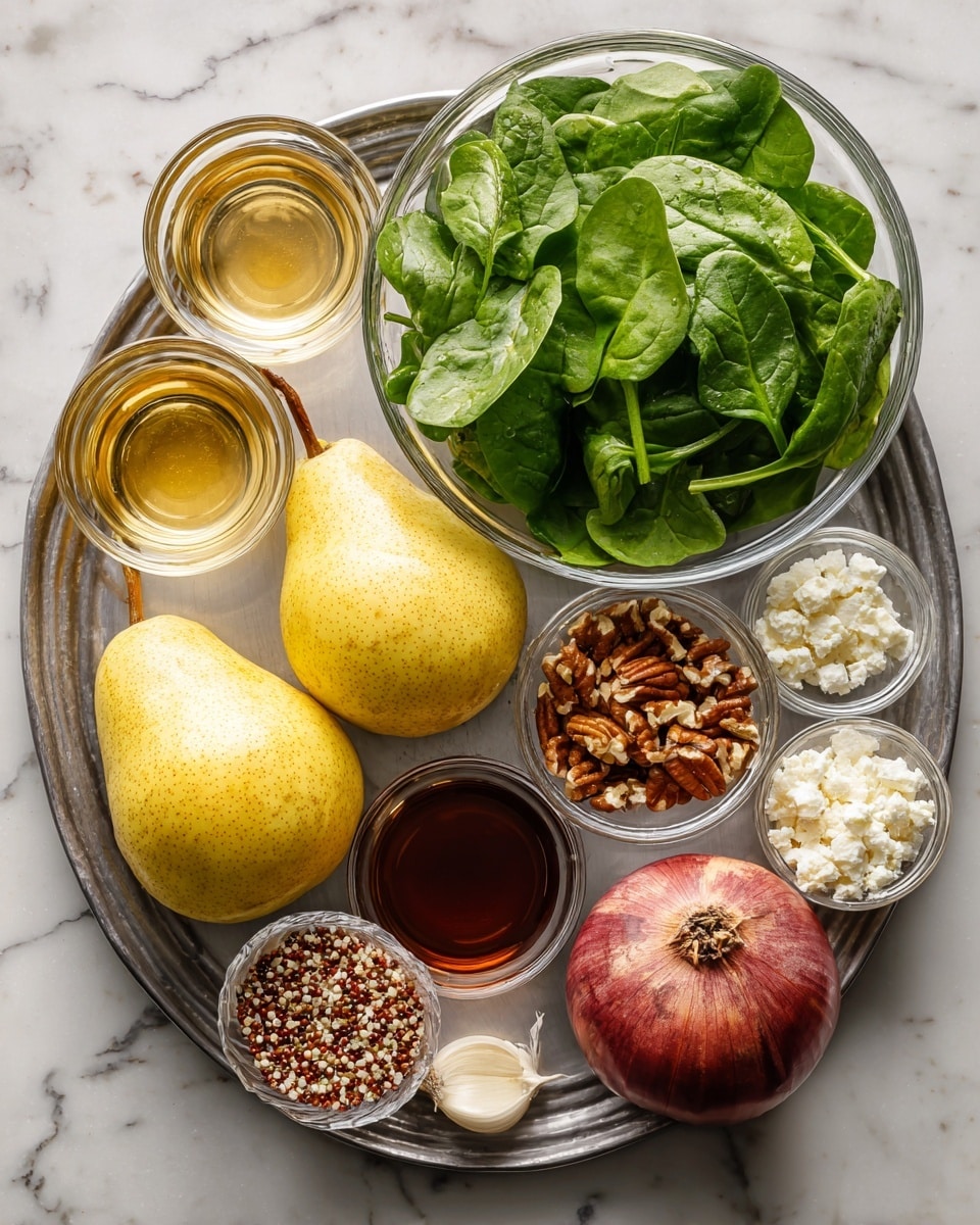 A top-down view shows a metal tray with various fresh ingredients arranged neatly: two yellow pears with small brown spots in the center, a large clear glass bowl filled with bright green baby spinach leaves in the upper right, a small clear glass bowl of chopped pecans to the right of the pears, and a small clear glass bowl of white crumbly cheese at the bottom right. Near the bottom center is a single clove of garlic, and above it a small clear glass bowl filled with dark amber liquid. At the top left, two small clear glass bowls contain light golden liquid; below them at the bottom left is a clear glass bowl filled with cooked red and white quinoa. A halved small red onion with visible layers is at the middle right. The entire setup is on a white marbled surface. Photo taken with an iphone --ar 4:5 --v 7