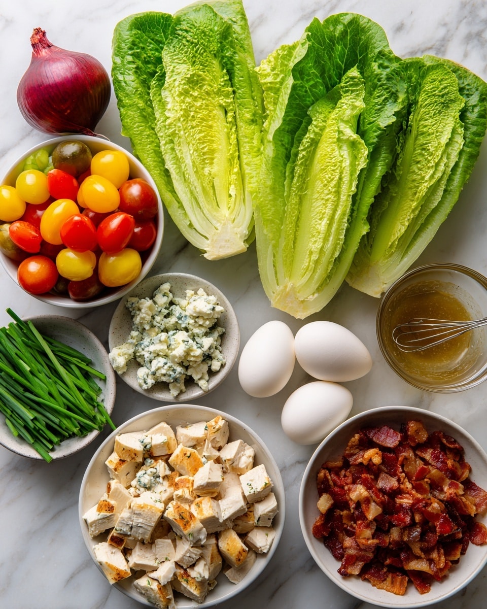 The image shows ingredients on a white marbled surface for a fresh salad. There are two whole green romaine lettuce heads with crisp textured leaves lying side by side in the center. Below the lettuce, a bowl holds cubed white chicken with grilled marks, showing a soft texture. Next to it, an avocado is whole with a dark green bumpy skin. Two white eggs sit between the avocado and lettuce. On the left, a small red onion with smooth skin, a bunch of fresh green chives with thin long leaves, and a bowl of crumbly blue cheese with white and blue veins are arranged. Above these, a white bowl holds a mix of bright red and yellow cherry tomatoes with a smooth shiny surface. Next to the tomatoes, a small glass bowl contains a golden brown salad dressing with a silver whisk inside. On the top right, another bowl is filled with finely chopped crispy bacon bits showing a reddish-brown color with a rough texture. photo taken with an iphone --ar 4:5 --v 7