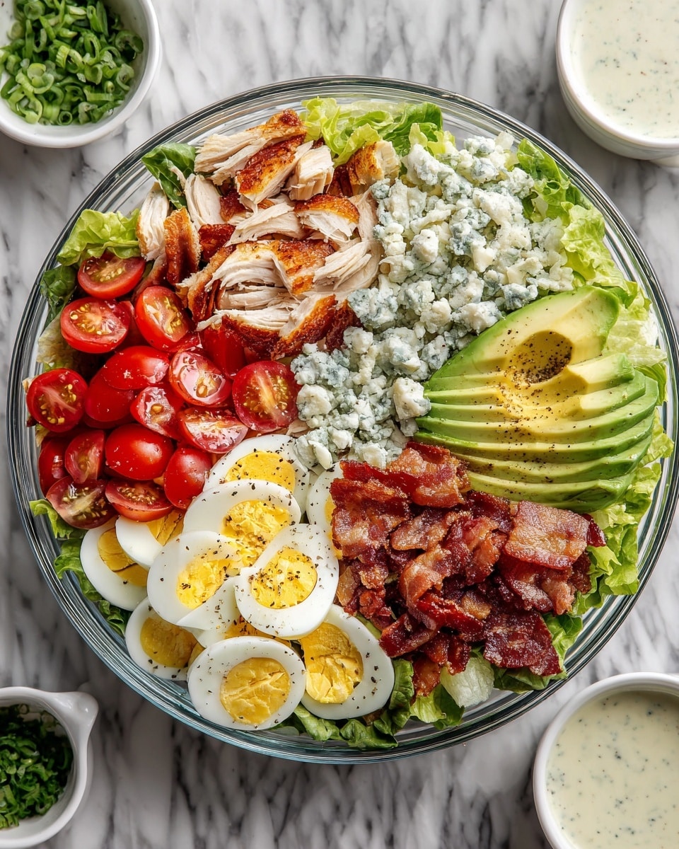 A clear glass bowl filled with a colorful salad arranged in layers on a white marbled texture. The base layer is fresh green leafy lettuce, topped with five sections: bright red halved cherry tomatoes on the left, shredded white chicken next to it, crispy golden brown bacon pieces in the center, crumbly white blue cheese beside the bacon, and sliced hard-boiled eggs with the yellow yolks and white edges in a neat line next to the cheese. On the far right, thinly sliced avocado with light green and yellow tones is fanned out. The salad is seasoned lightly with black pepper. Around the bowl, small white dishes hold chopped green herbs and a creamy white dressing. Photo taken with an iphone --ar 4:5 --v 7