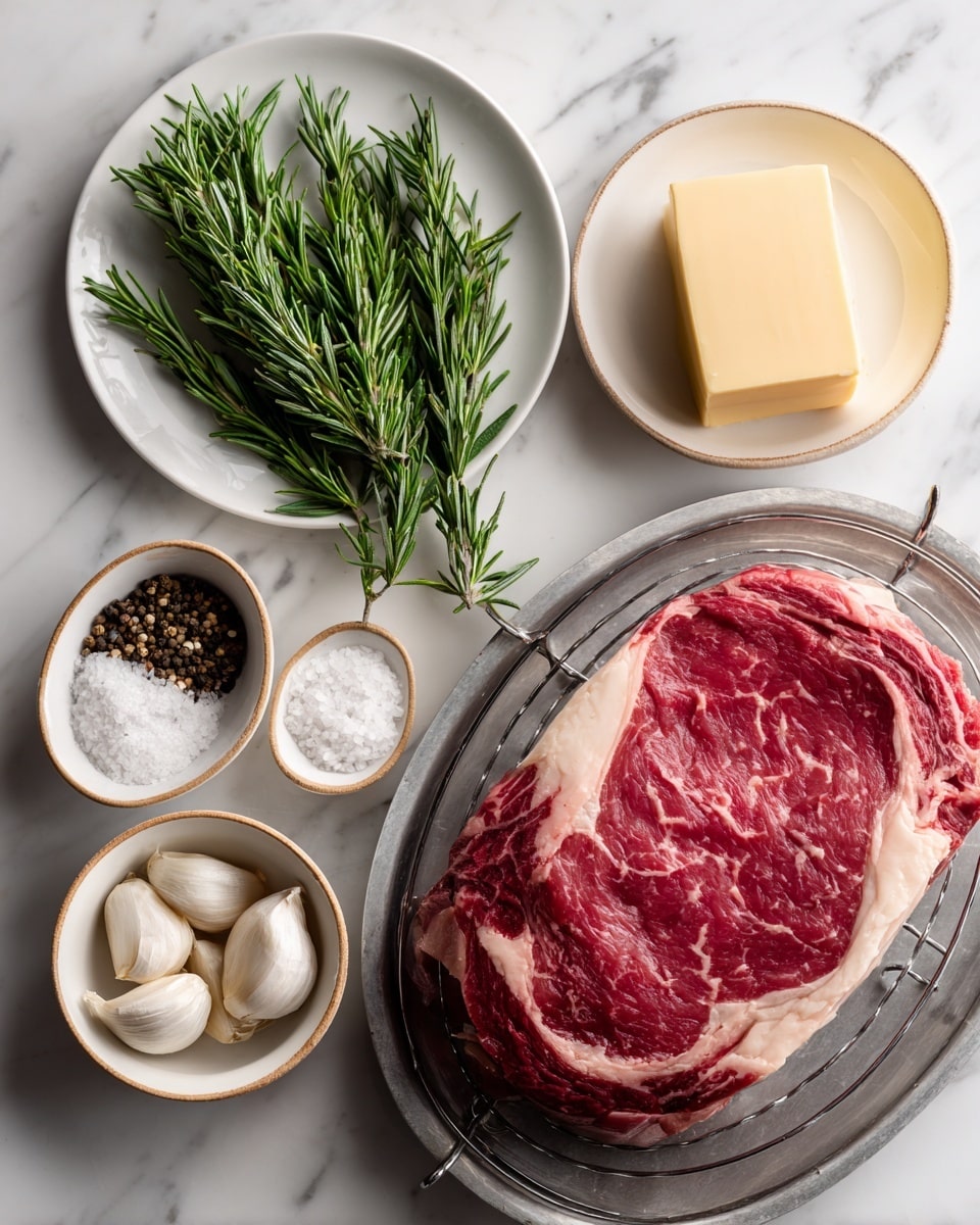 A raw red steak with white fat marbling rests on a metal wire rack atop a silver tray on the right side of the image. To the left, five small white bowls with light brown rims hold various ingredients arranged in a loose cluster: two fresh green rosemary sprigs on a white plate, cracked black pepper in one bowl, coarse white salt in another, three whole garlic cloves in one bowl, and a square piece of pale yellow butter in the last. All items sit on a white marbled surface. Photo taken with an iphone --ar 4:5 --v 7