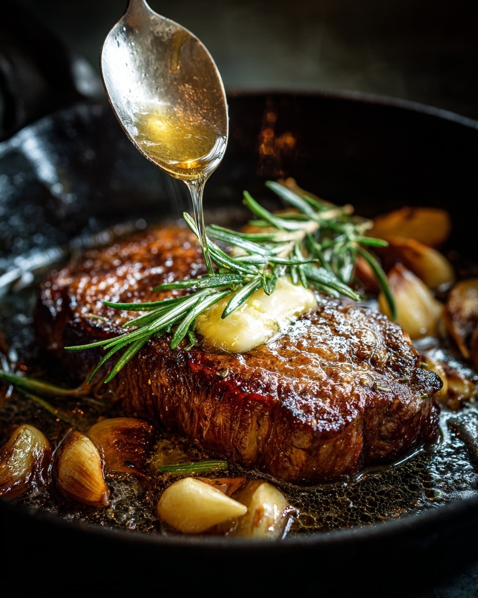 A thick piece of golden brown steak sits in a black pan, topped with a fresh green rosemary sprig. Around the steak, bubbling melted butter mixes with small golden garlic cloves. A silver spoon held by a woman's hand drizzles the butter over the steak, adding shine. The pan surface is dark and rough, contrasting with the juicy texture of the meat and the smooth spoon. The lighting highlights the rich browns and creamy butter. photo taken with an iphone --ar 4:5 --v 7