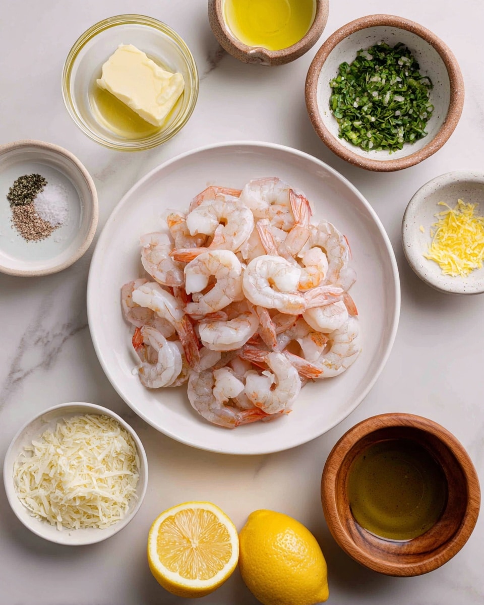 The image shows a top view of raw shrimp piled on a white plate at the center. Around the plate, there are small bowls containing different ingredients: melted butter in a clear glass bowl on the top left, minced garlic in a white bowl with brown rim on the top right, chopped green herbs in a wooden bowl to the right, and lemon zest in a white bowl with a brown rim on the bottom right. On the left are small white bowls filled with grated cheese and a mix of salt and pepper. Below the shrimp plate, there are three lemon halves with bright yellow flesh and a glass bowl with olive oil. All items lie on a white marbled surface. photo taken with an iphone --ar 4:5 --v 7