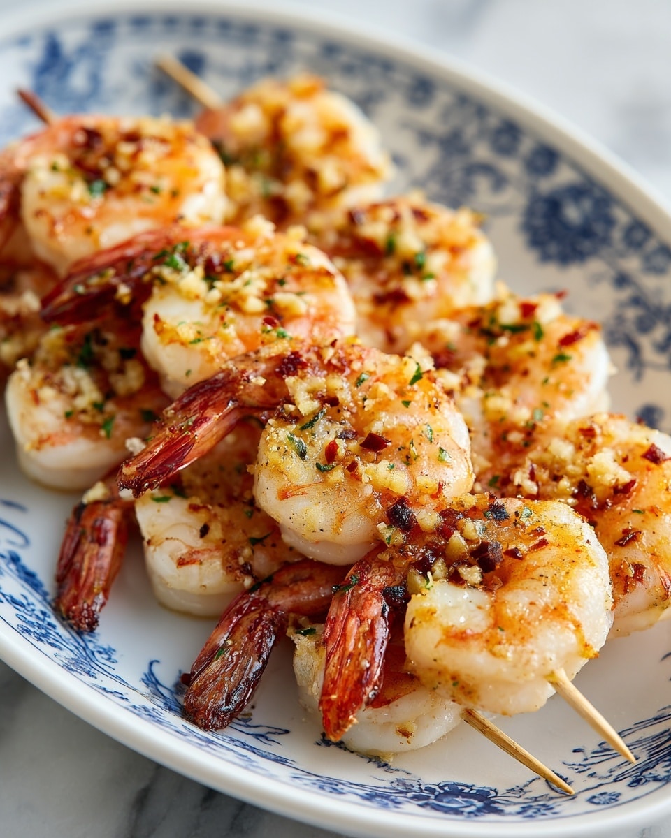 Several skewers of cooked shrimp are arranged closely on a white plate with blue patterns. Each skewer holds plump shrimp that are lightly browned with a mix of pink and white tones, showing a slight char from grilling. The shrimp are garnished with small bits of green herbs and minced garlic, creating a textured and colorful topping. The scene is set on a white marbled surface. photo taken with an iphone --ar 4:5 --v 7