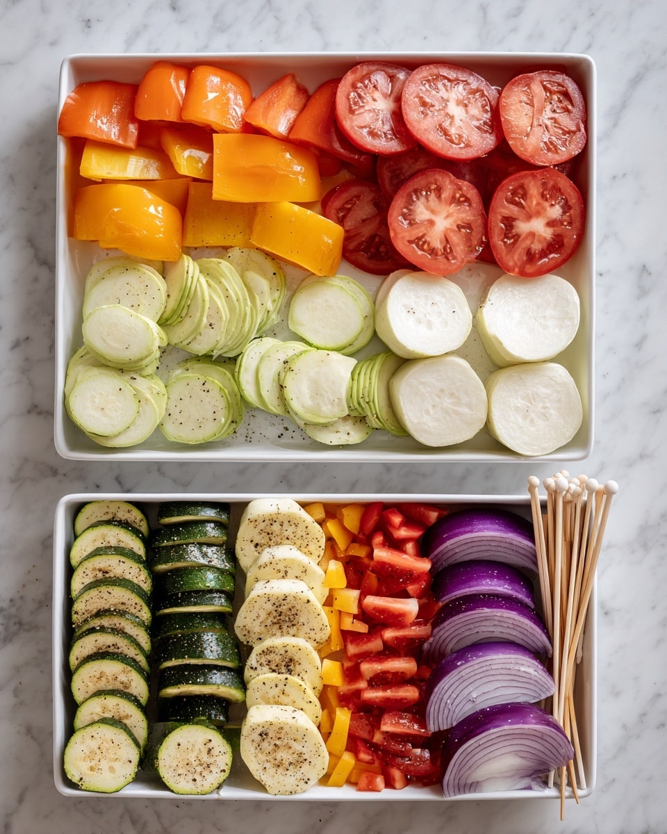 The image shows two white trays filled with raw vegetables, each arranged neatly in rows. In the large tray on top, from left to right, there are red, orange, and yellow bell pepper pieces in the top left corner, juicy round slices of red tomato in the middle, pale green zucchini strips below the tomatoes, round light green or white eggplant slices on the right, and four purple onion rings on small wooden sticks at the top right. The smaller tray at the bottom holds more tomato slices on the left, more zucchini strips on the right, and a few pieces of red and yellow bell peppers in the lower right corner. All vegetables are sprinkled with black pepper, and the trays sit on a white marbled surface. photo taken with an iphone --ar 4:5 --v 7