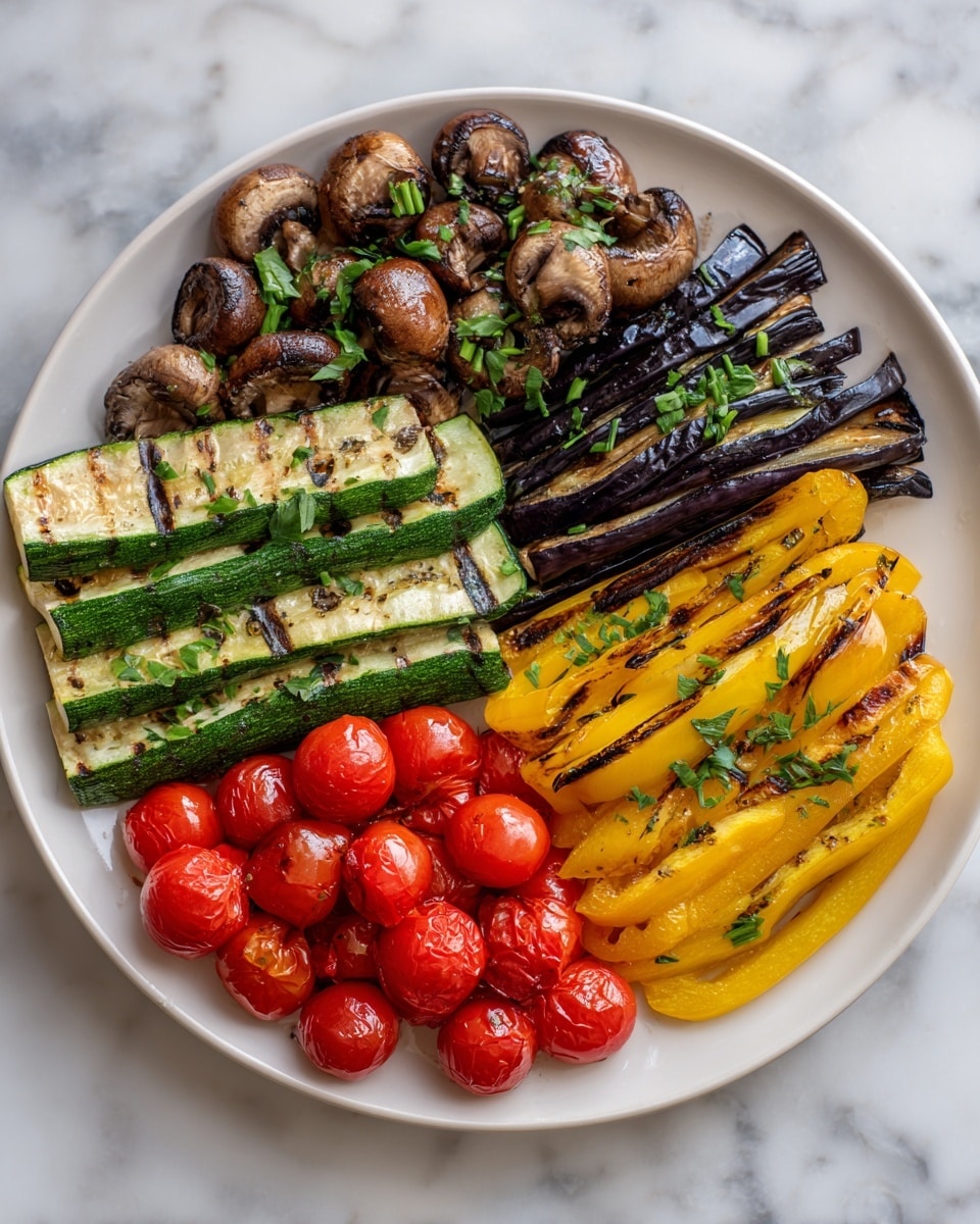 A white plate holds five different grilled vegetable sections arranged in a circular pattern on a white marbled surface. Starting from the top, there is a layer of sliced brown mushrooms with a soft cooked texture, sprinkled with chopped green herbs. To the right, there are dark purple eggplant slices, tender and slightly shiny, also topped with some green herbs. At the bottom right, bright yellow bell pepper strips form a shiny and smooth layer, garnished with small fresh herb pieces. Below, vibrant red cherry tomatoes still on the vine are plump and slightly charred. Finally, on the left side, there are grilled slices of green zucchini with light brown grill marks, also garnished with chopped herbs. The arrangement is neat and colorful, showing a balance of different shapes and textures photo taken with an iphone --ar 4:5 --v 7