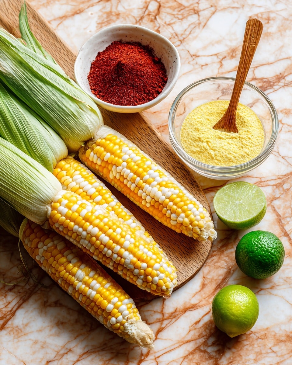The image shows three ears of corn with yellow and white kernels placed on a brown wooden surface, one partially covered with green husks. To the left of the corn, there is a white bowl filled with red powder, likely a spice. On the right side, there is a glass bowl with a yellow mixture and a wooden spoon inside it. In the lower right corner, there are two green limes, one cut in half and one whole, along with a glass filled with light green juice. The surface is a white marbled texture. Photo taken with an iphone --ar 4:5 --v 7